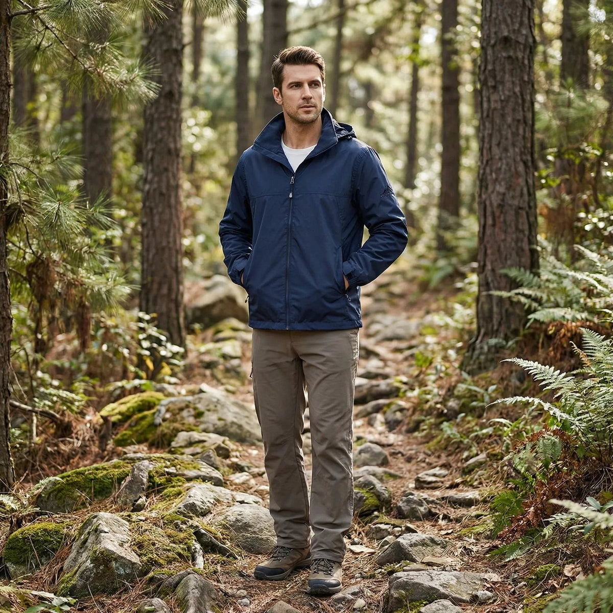 Man in a navy hooded outdoor jacket on a forest path