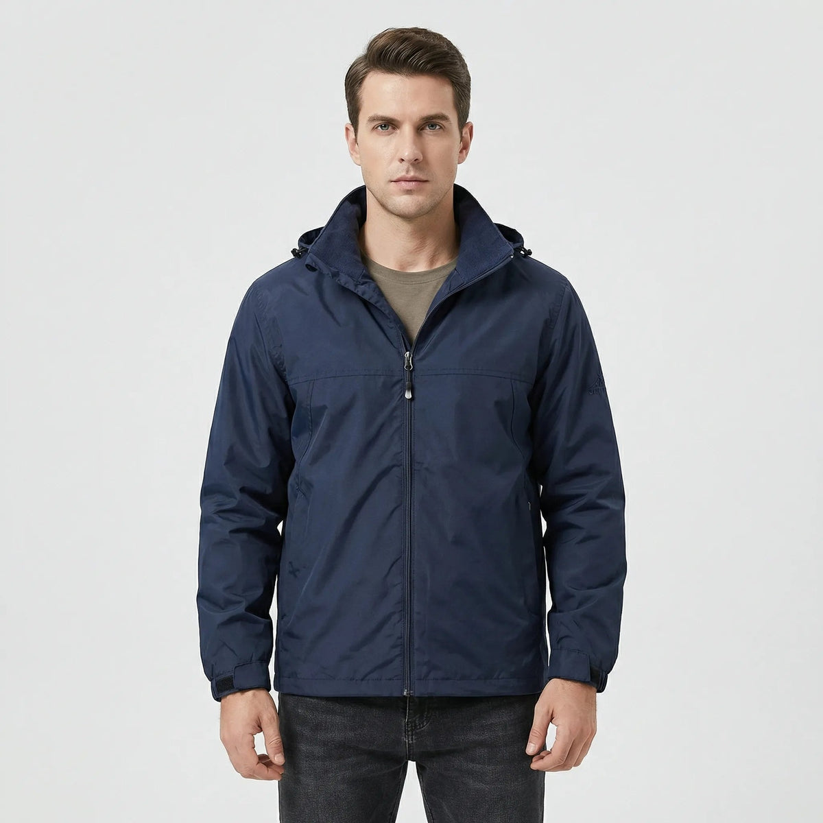 Navy outdoor jacket with detachable hood