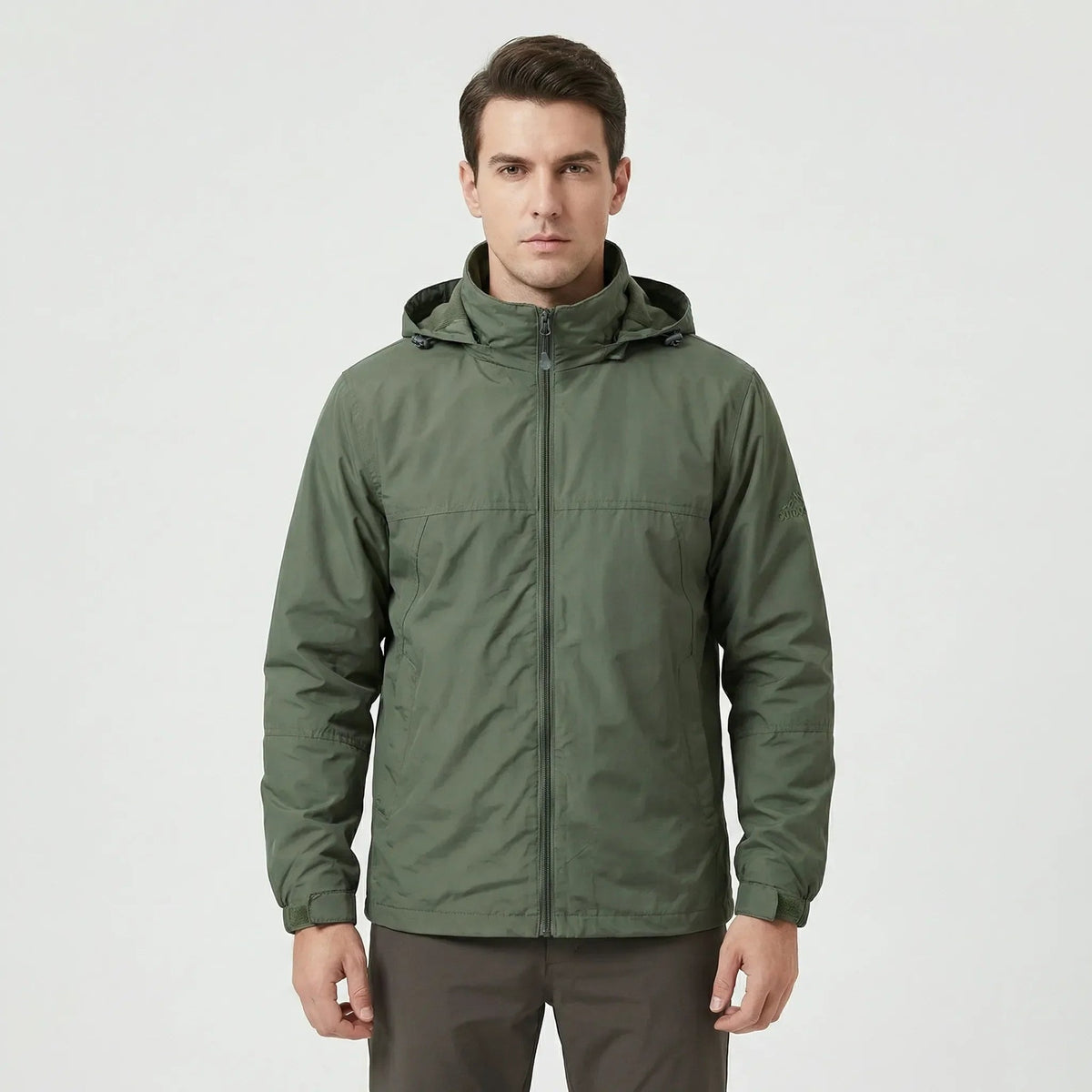 Olive outdoor jacket with detachable hood
