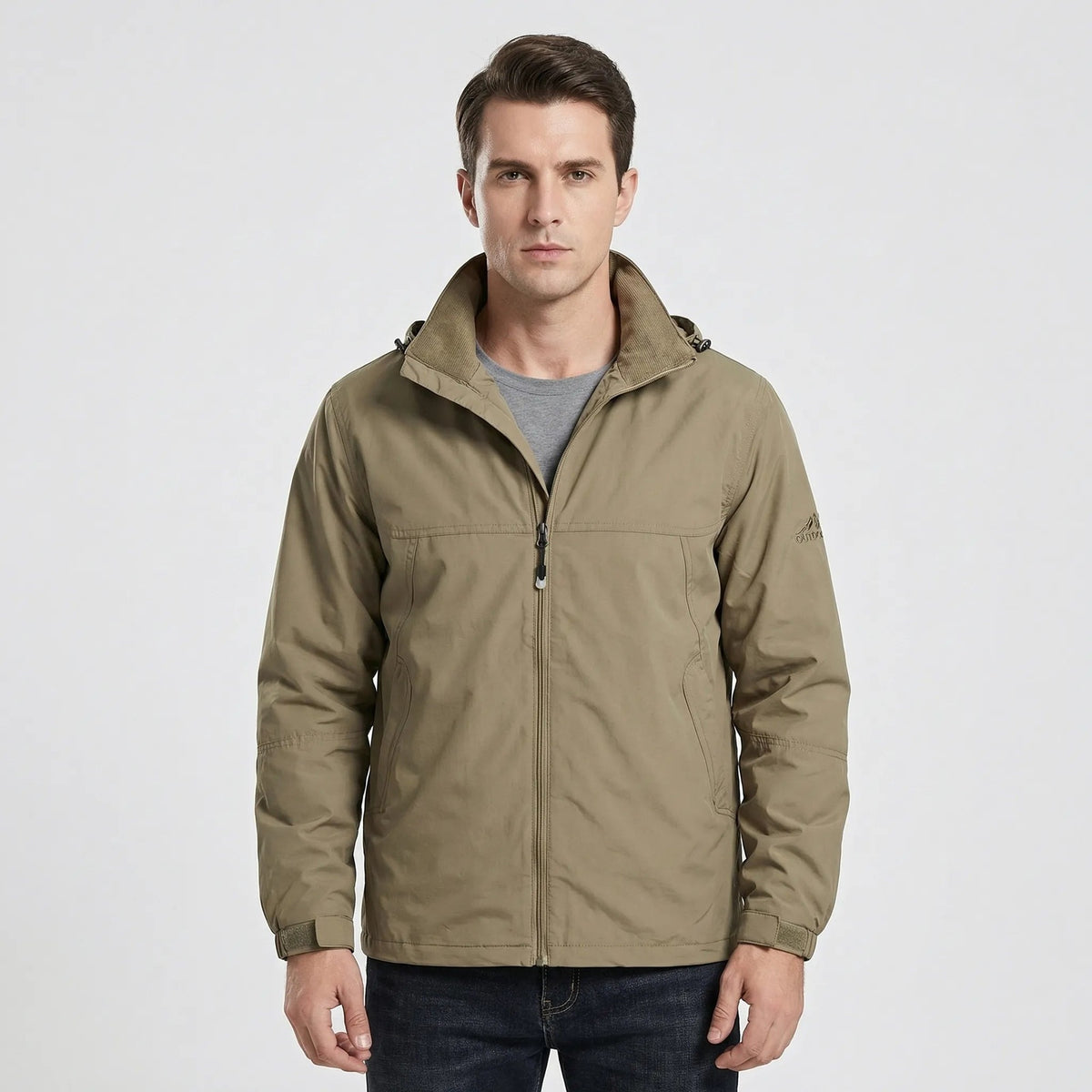 Khaki outdoor jacket with detachable hood