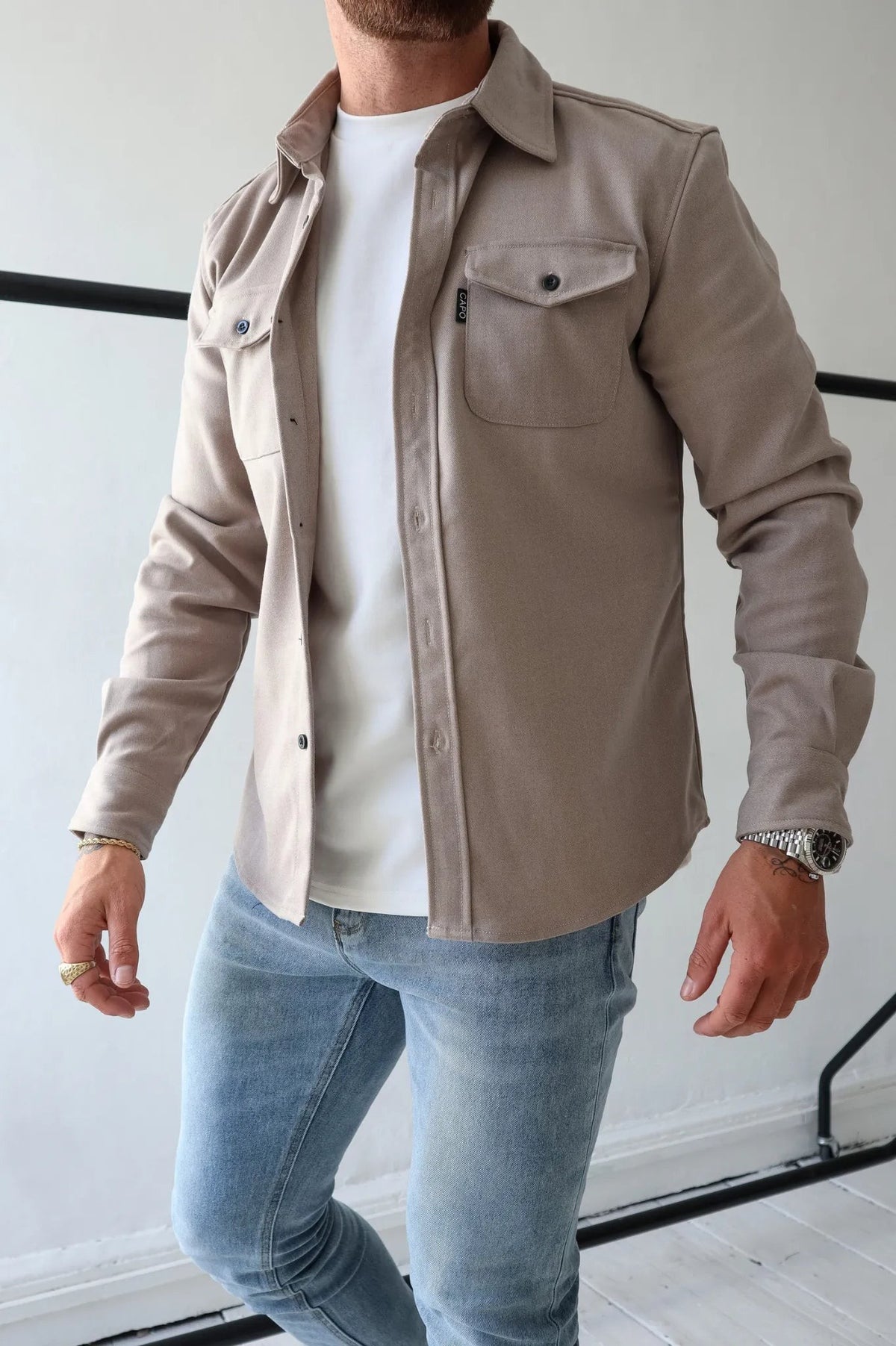 Men's taupe button-up overshirt with chest pockets