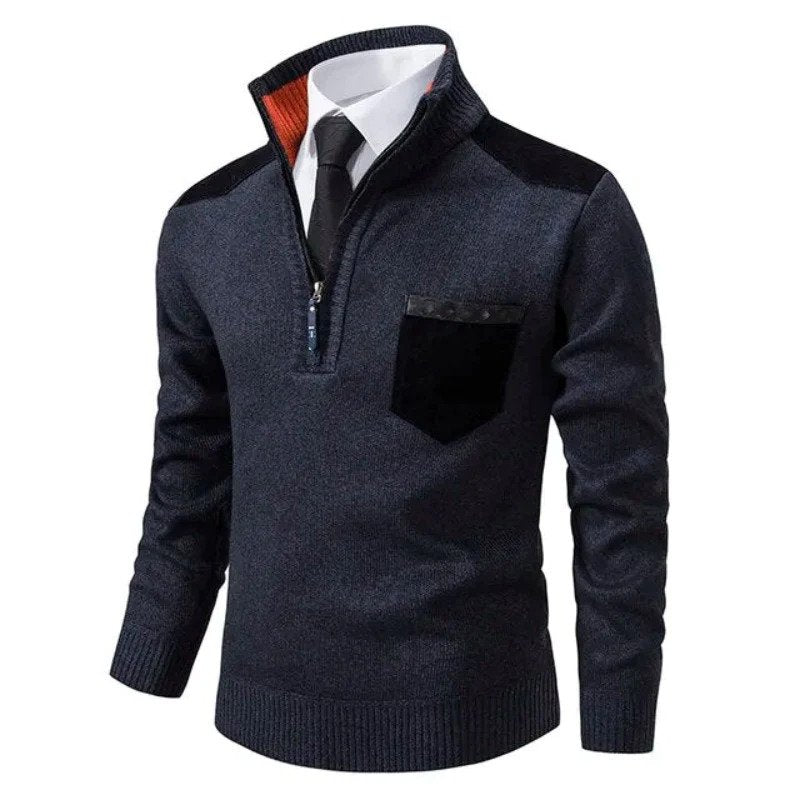 Navy quarter-zip knit sweater with black shoulder patches, worn by model over shirt | Chaps London