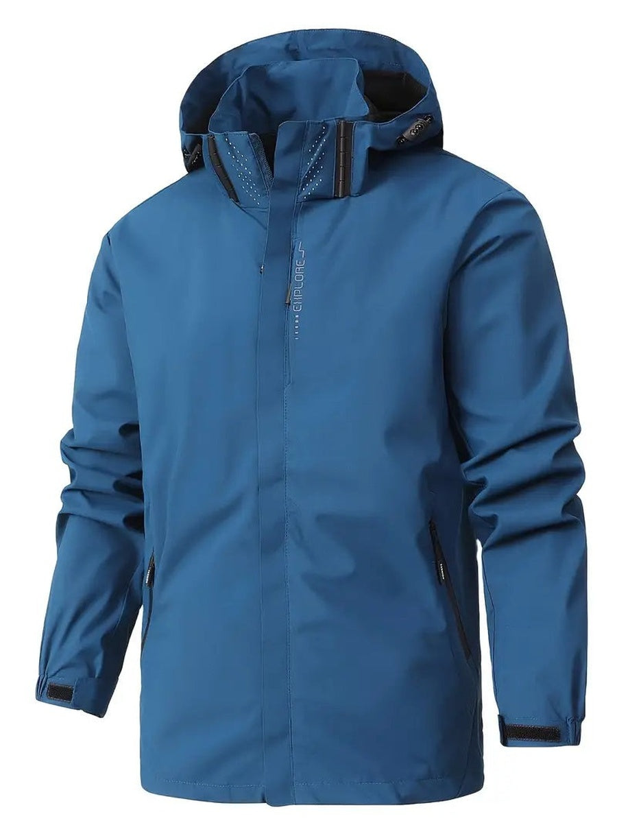 Blue rain jacket with hood