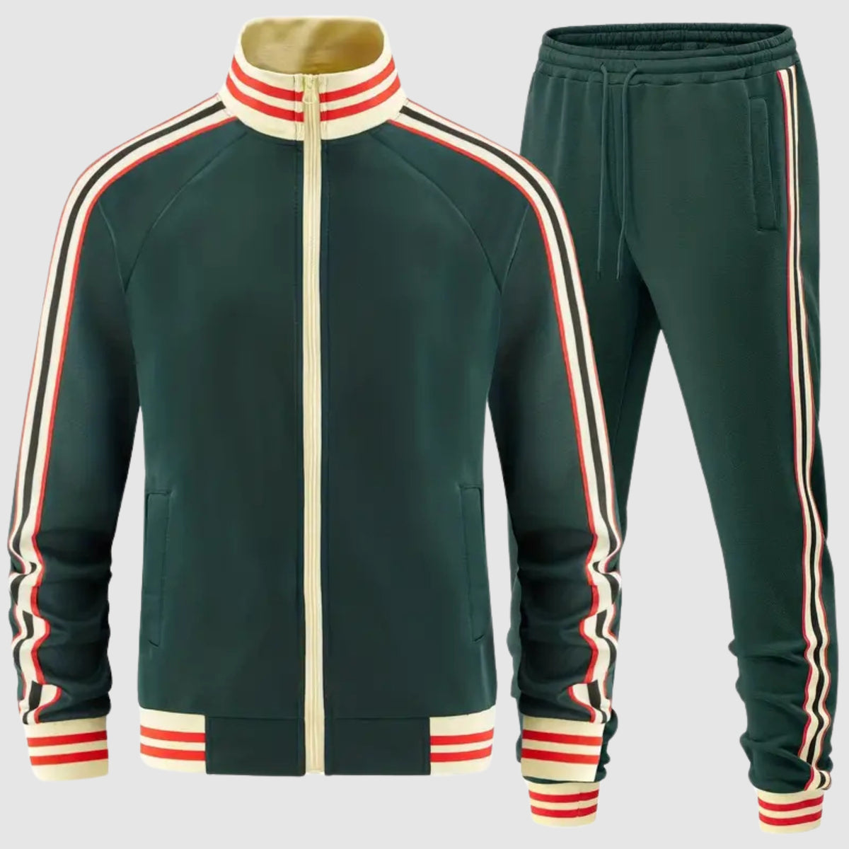 Dark green retro track jacket and trousers with cream, red and black contrast stripes | Chaps London