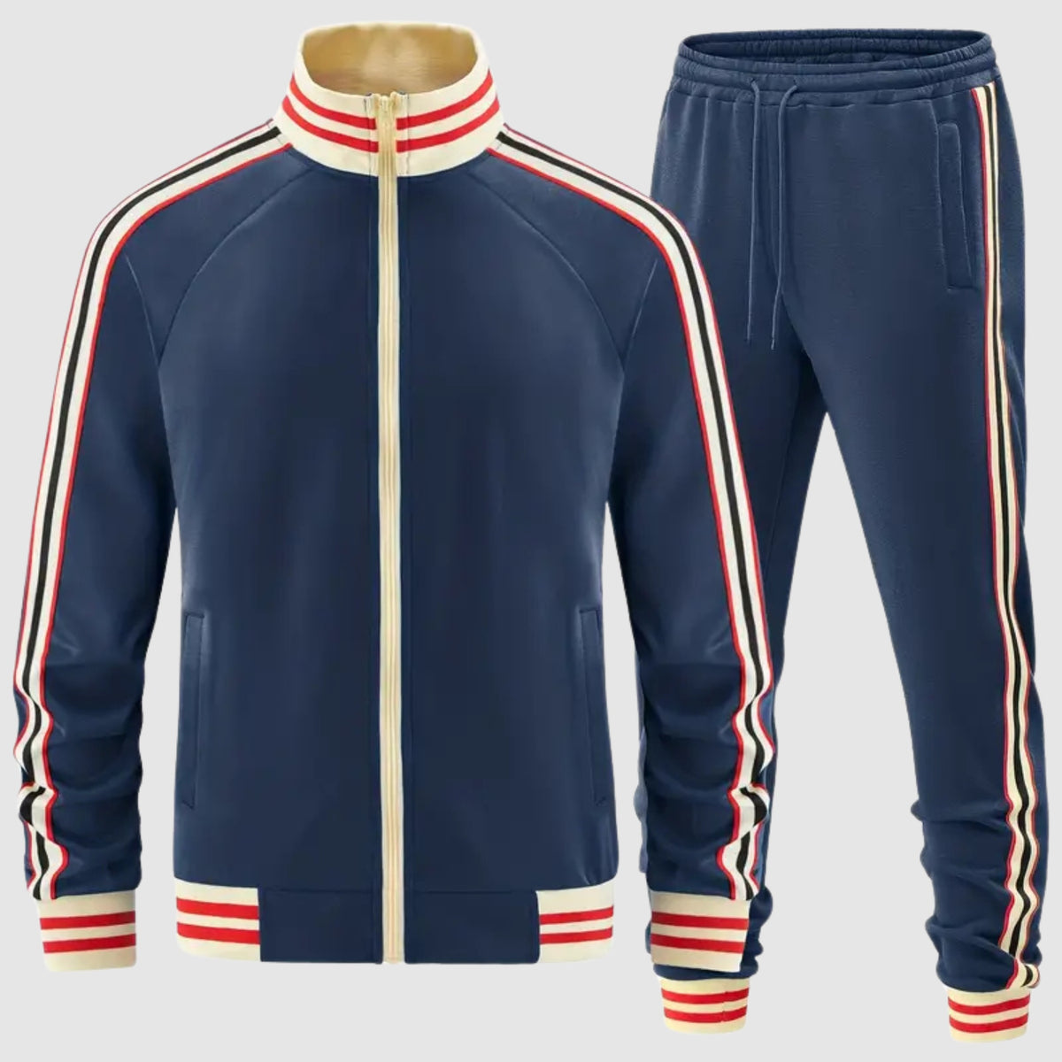 Navy retro track jacket and trousers with cream, red and black contrast stripes | Chaps London