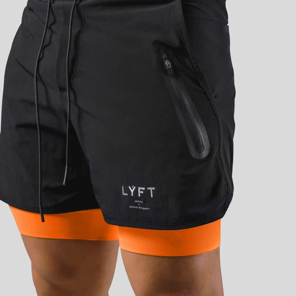Black and orange 2-in-1 running shorts with a logo print