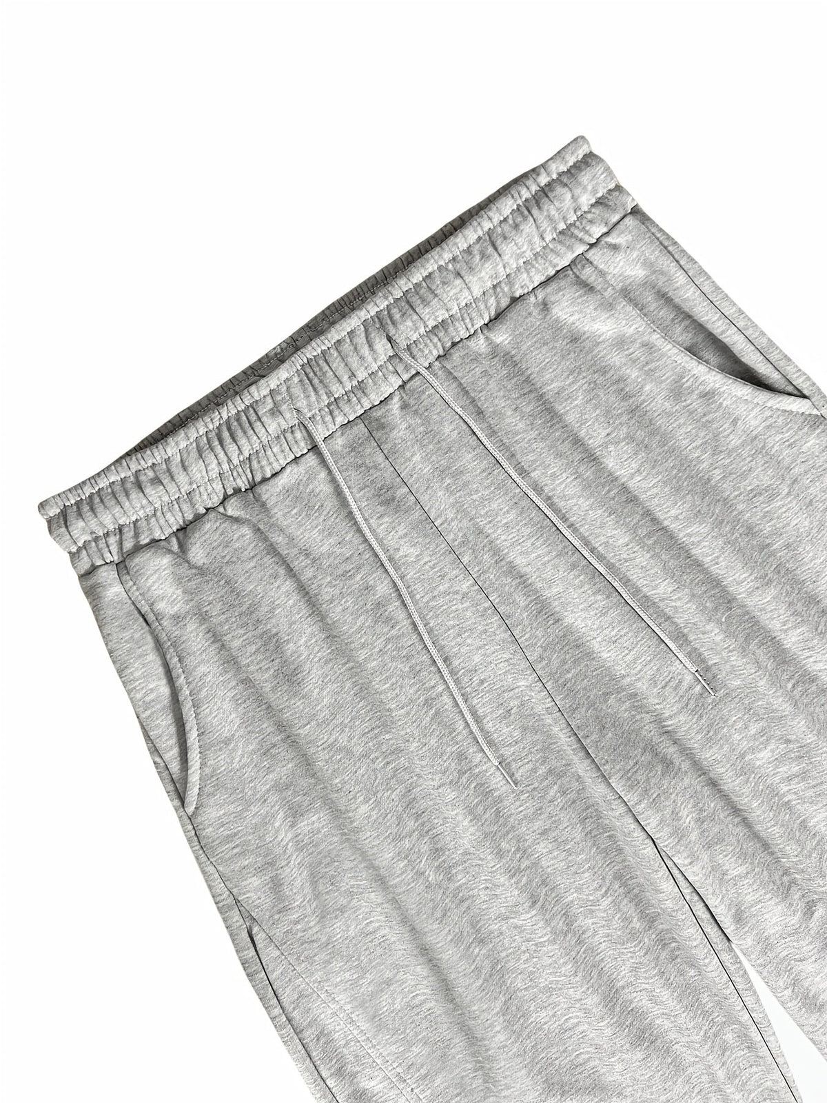 Gray heather fleece jogger pants waistband closeup with drawstring, flat lay | Chaps London