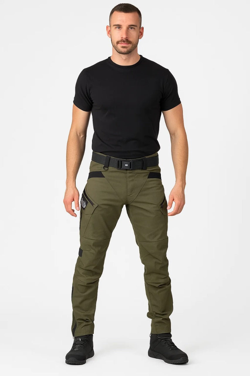 Man wearing olive green tactical cargo trousers with a black T-shirt, front view | Chaps London
