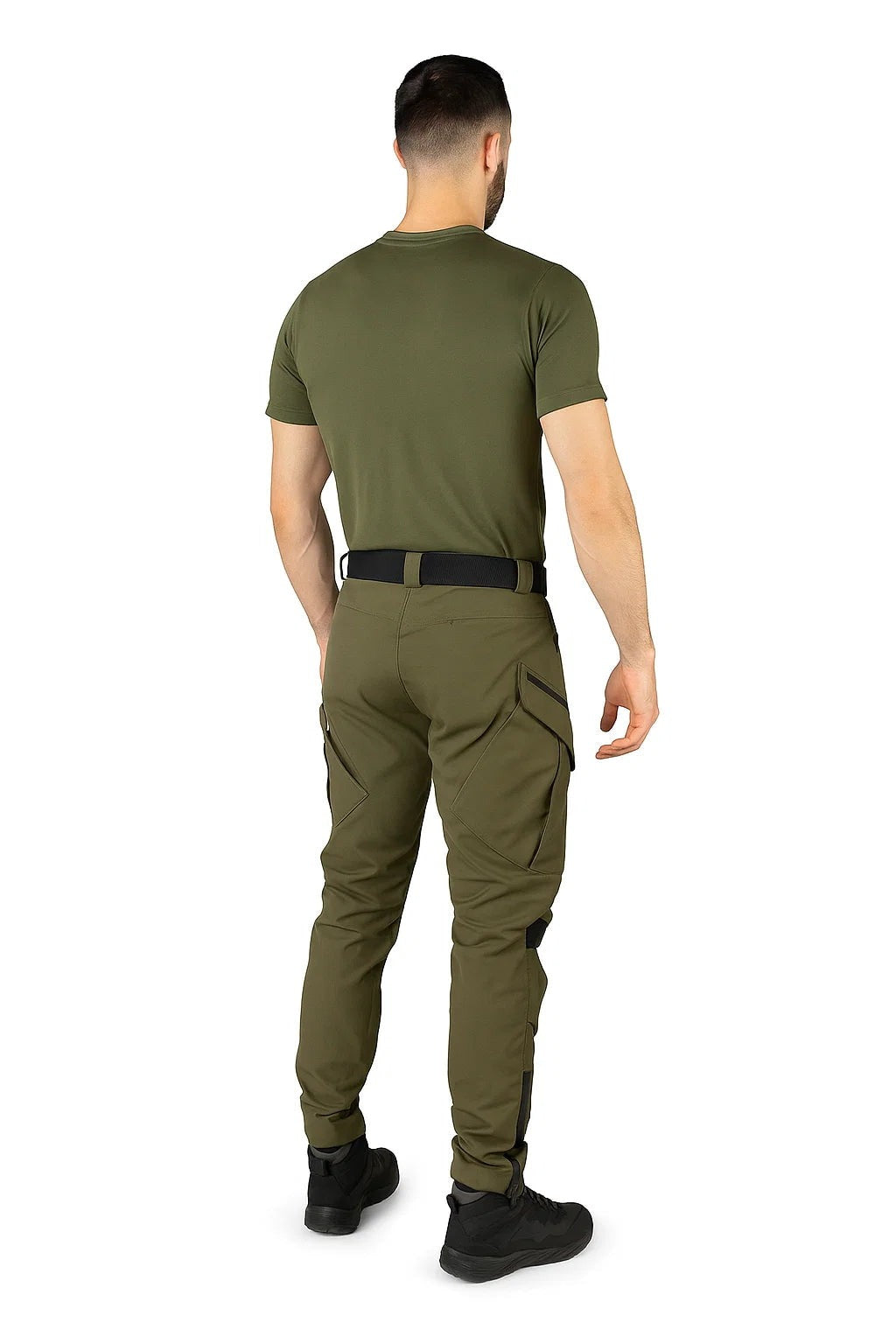 Man wearing olive green tactical cargo trousers, back view | Chaps London