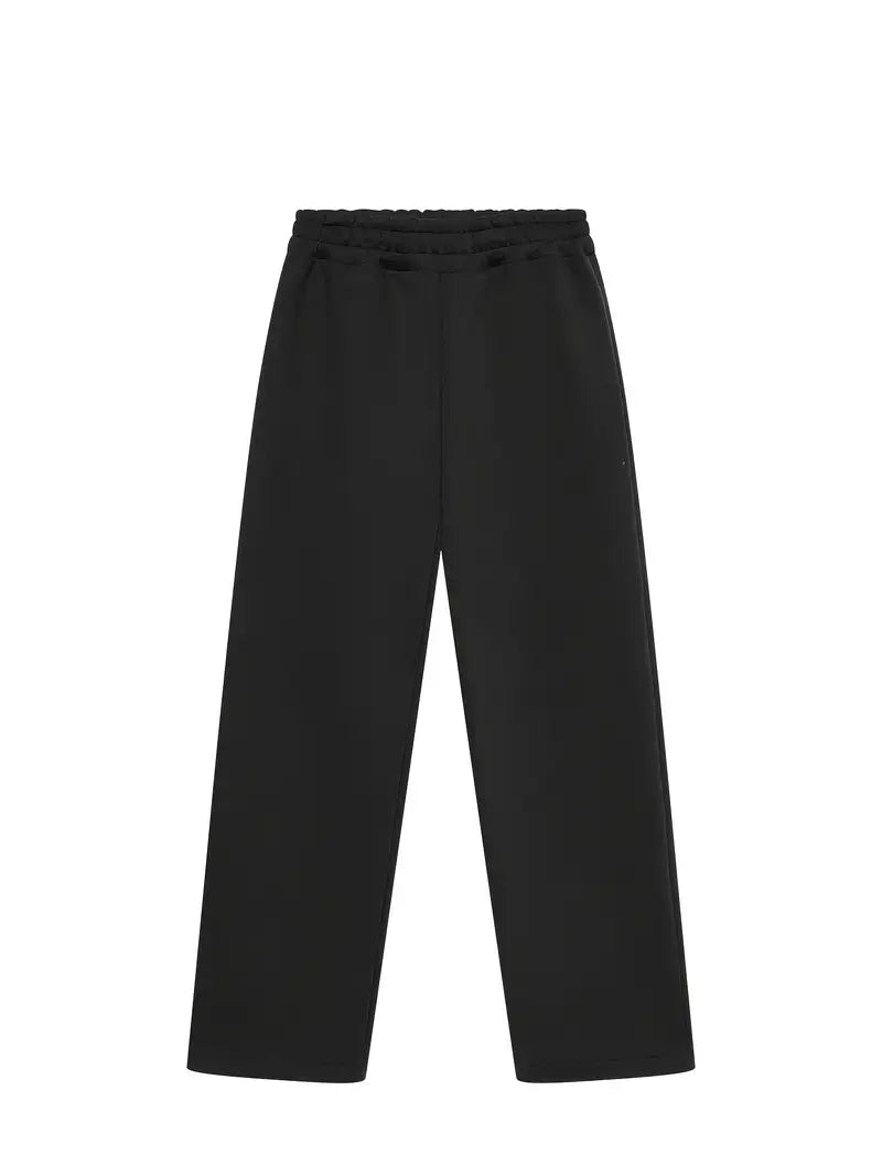 Black straight-leg jogger pants with elastic drawstring waist, shown flat | Chaps London