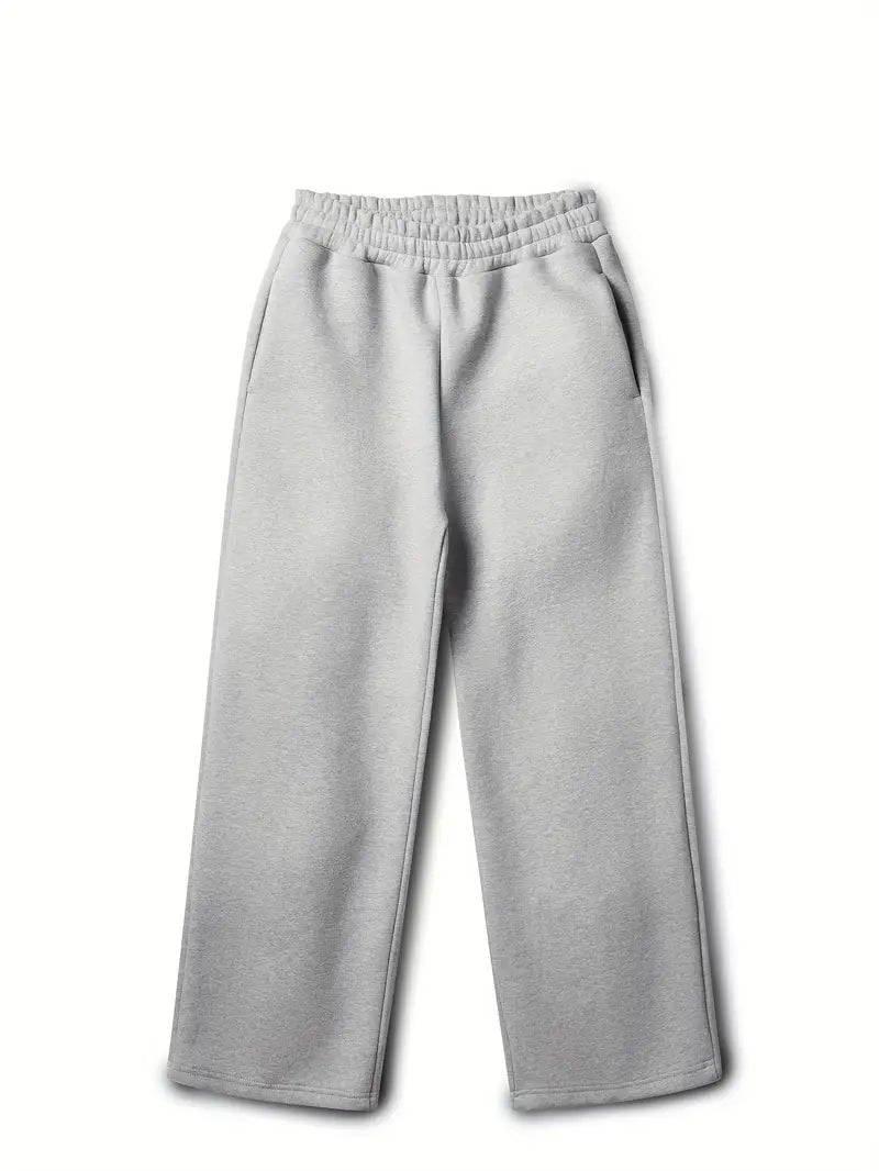 Gray fleece straight-leg joggers with elastic waistband, shown flat, wide-leg style | Chaps London