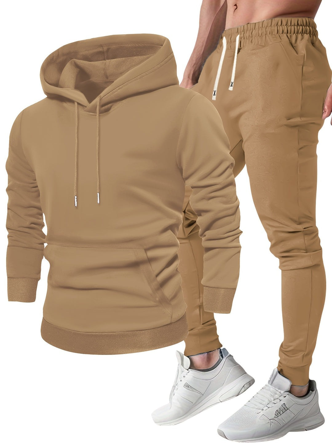 Khaki pullover hoodie shown next to the matching joggers | Chaps London