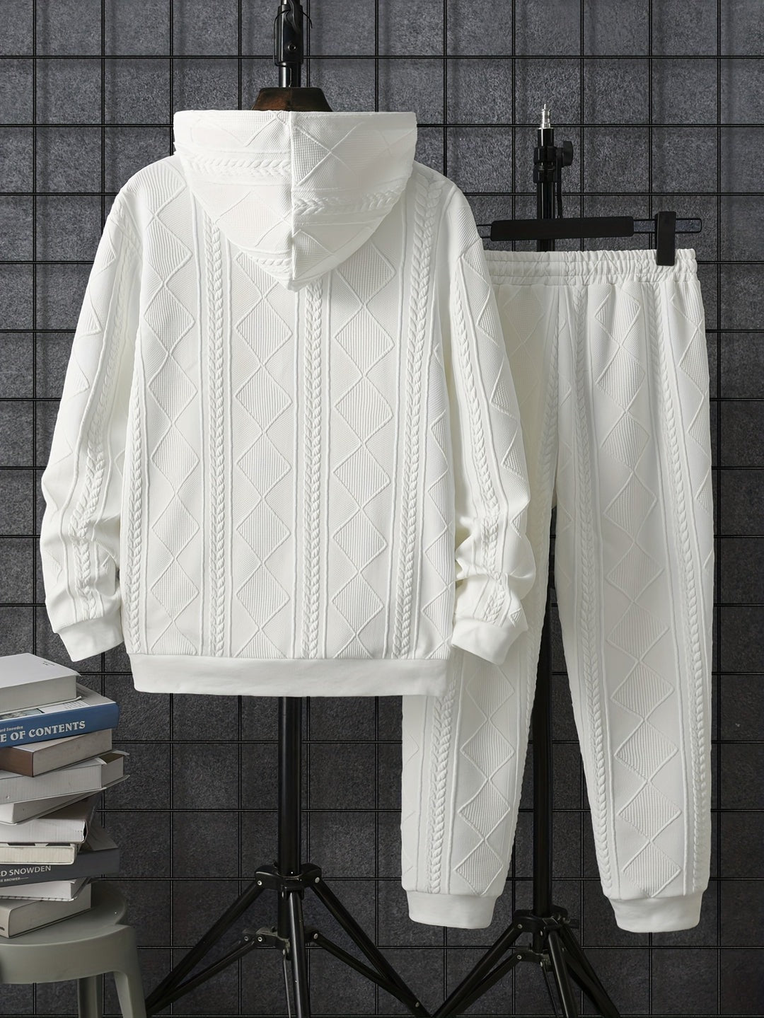 White textured hoodie and joggers set on hangers, back view | Chaps London