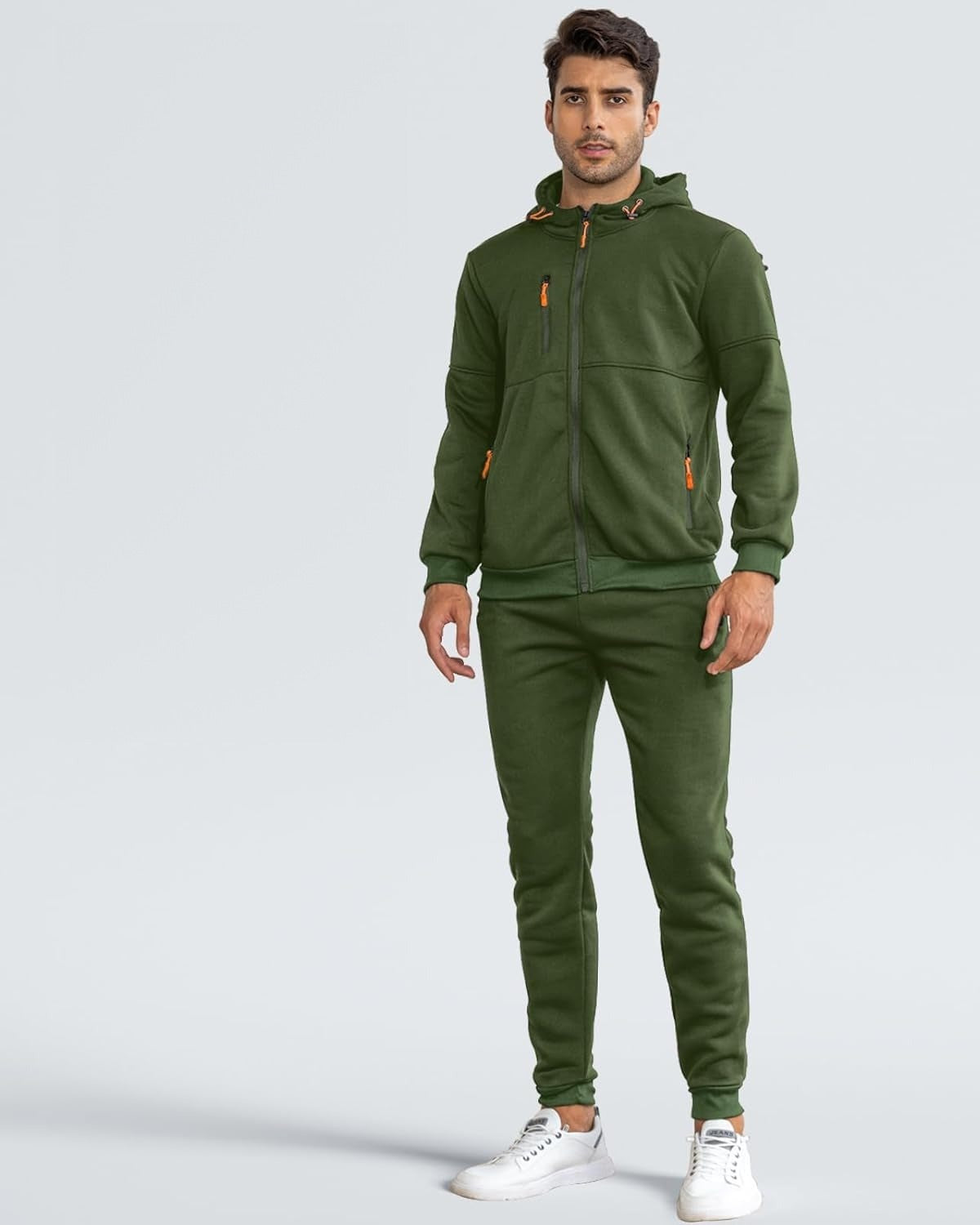 Man in a green zip hoodie and joggers tracksuit, front view | Chaps London