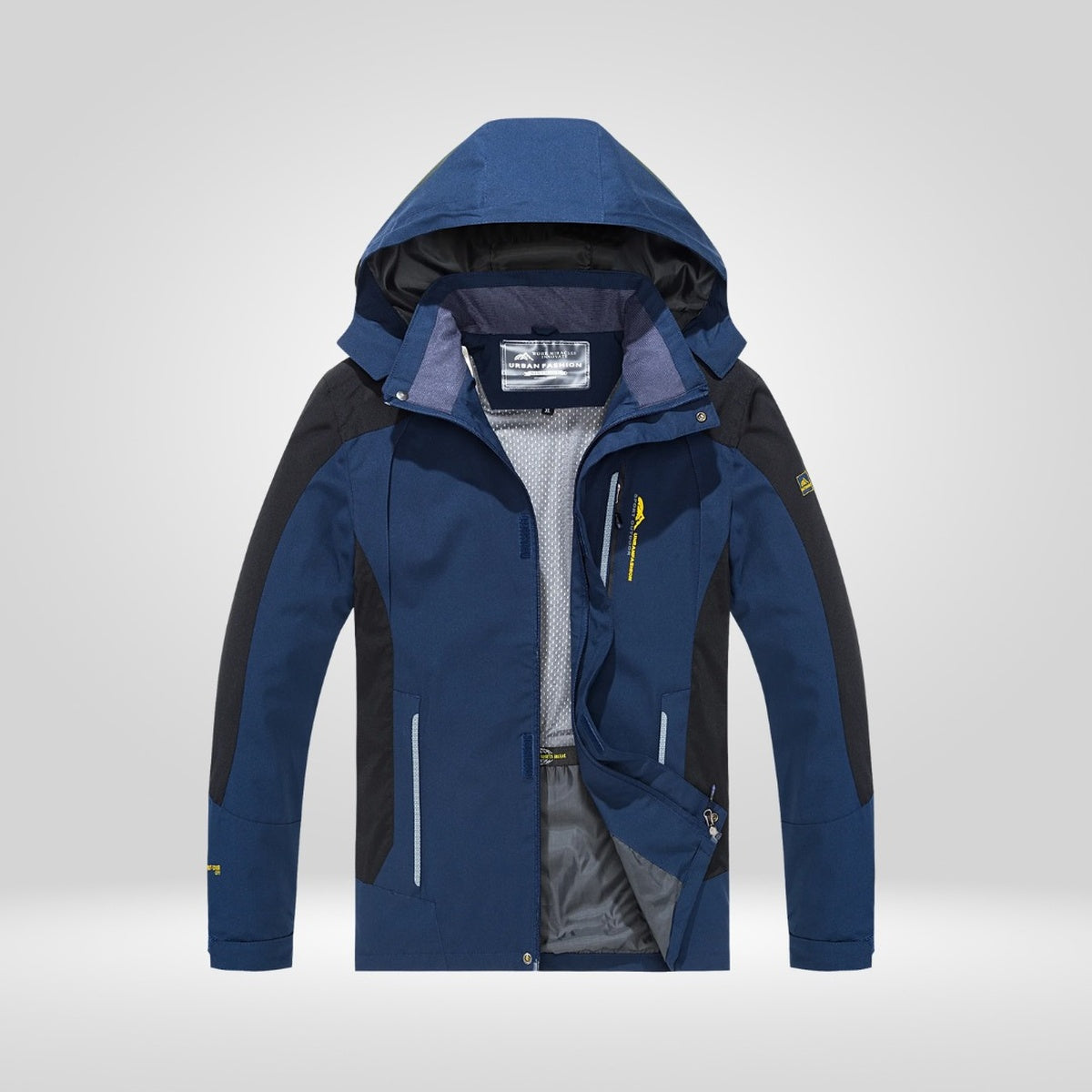 Blue waterproof hiking jacket with hood