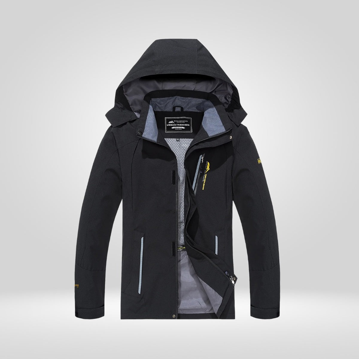 Black waterproof hiking jacket with hood