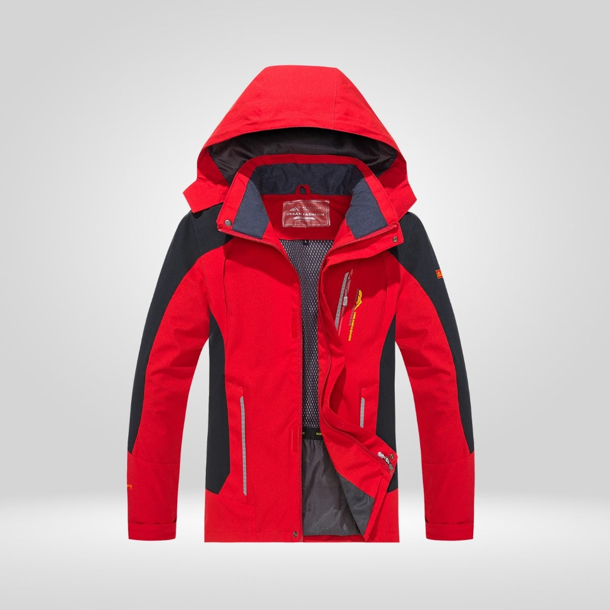 Red waterproof hiking jacket with hood