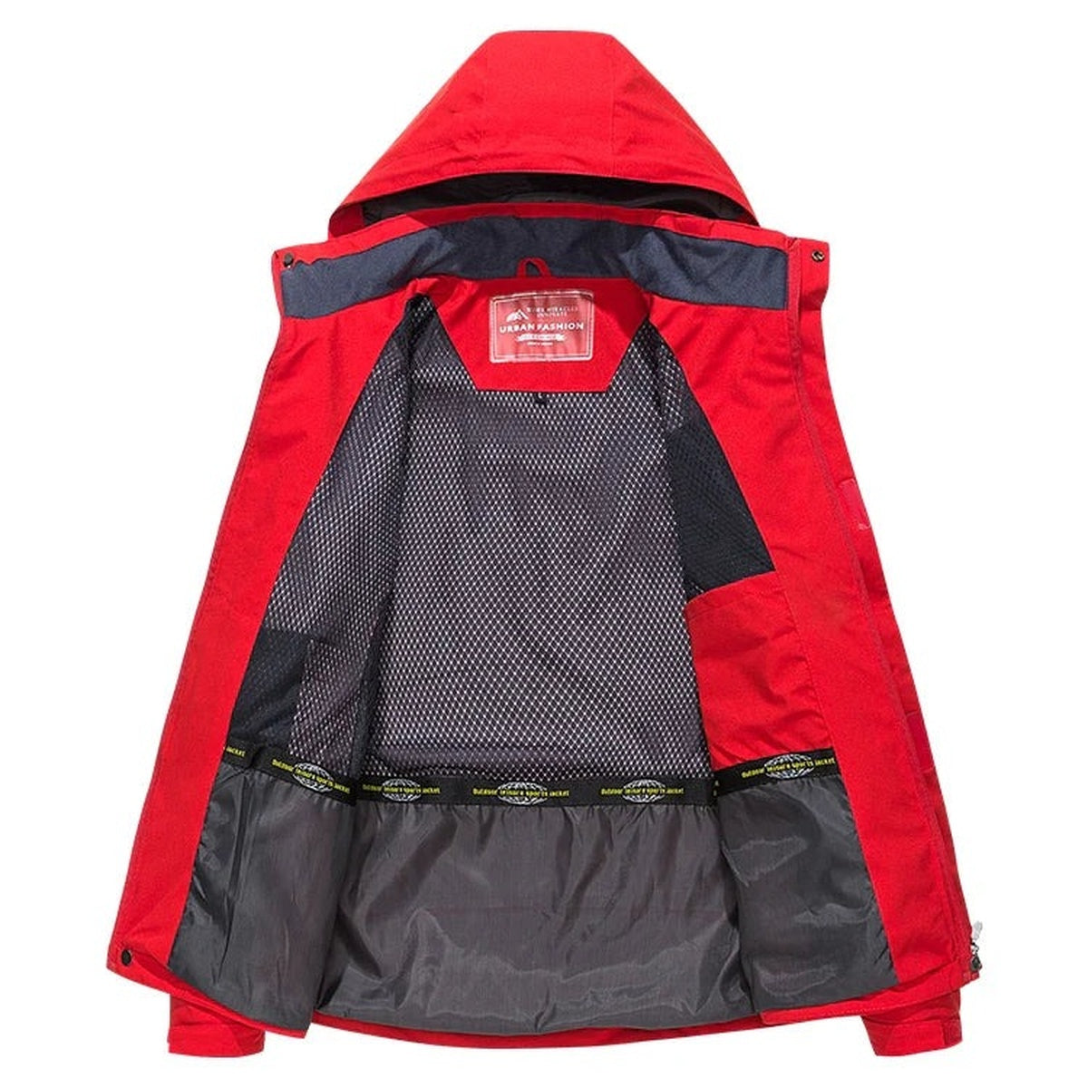 Red hiking jacket open, showing the mesh lining