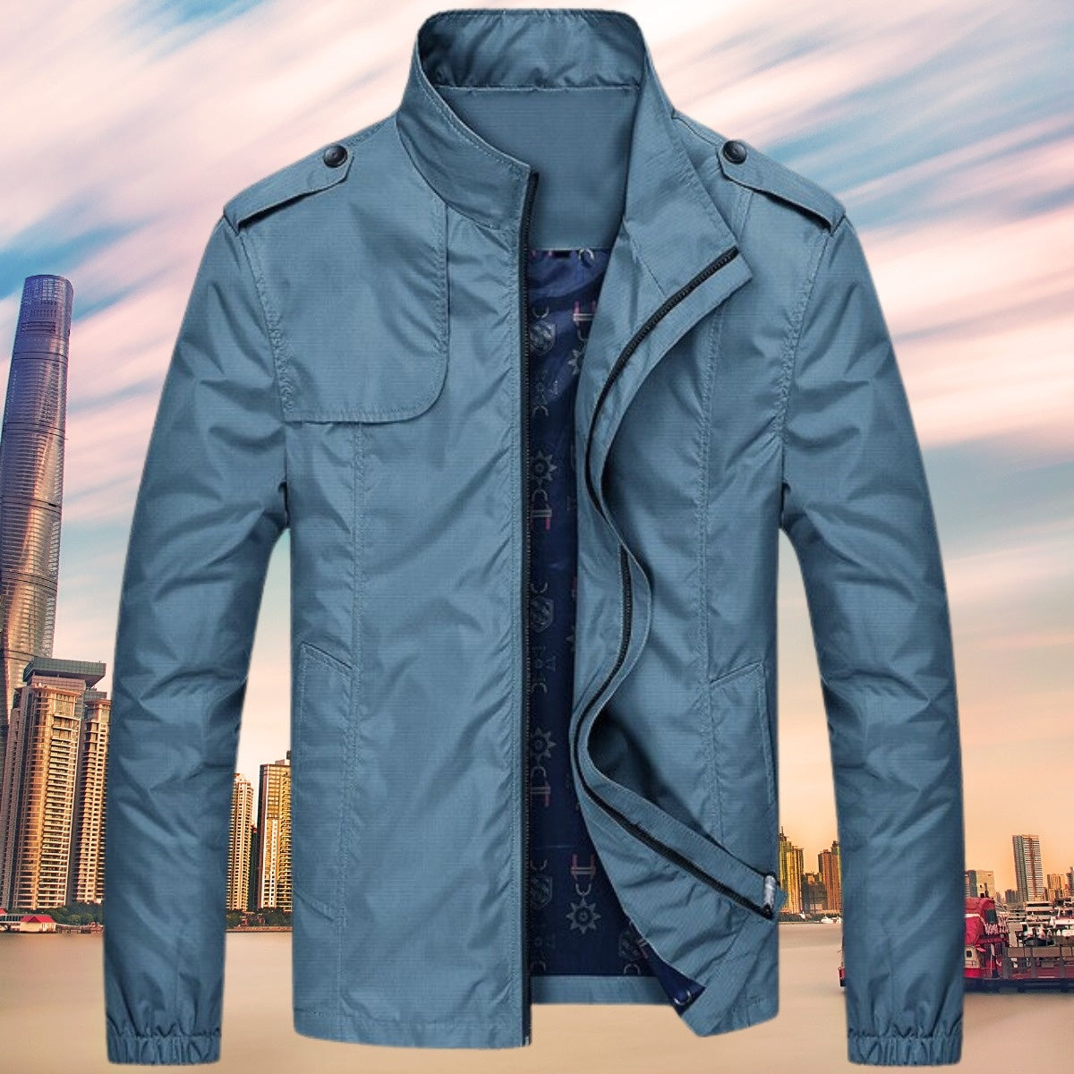 Light blue windbreaker with stand collar