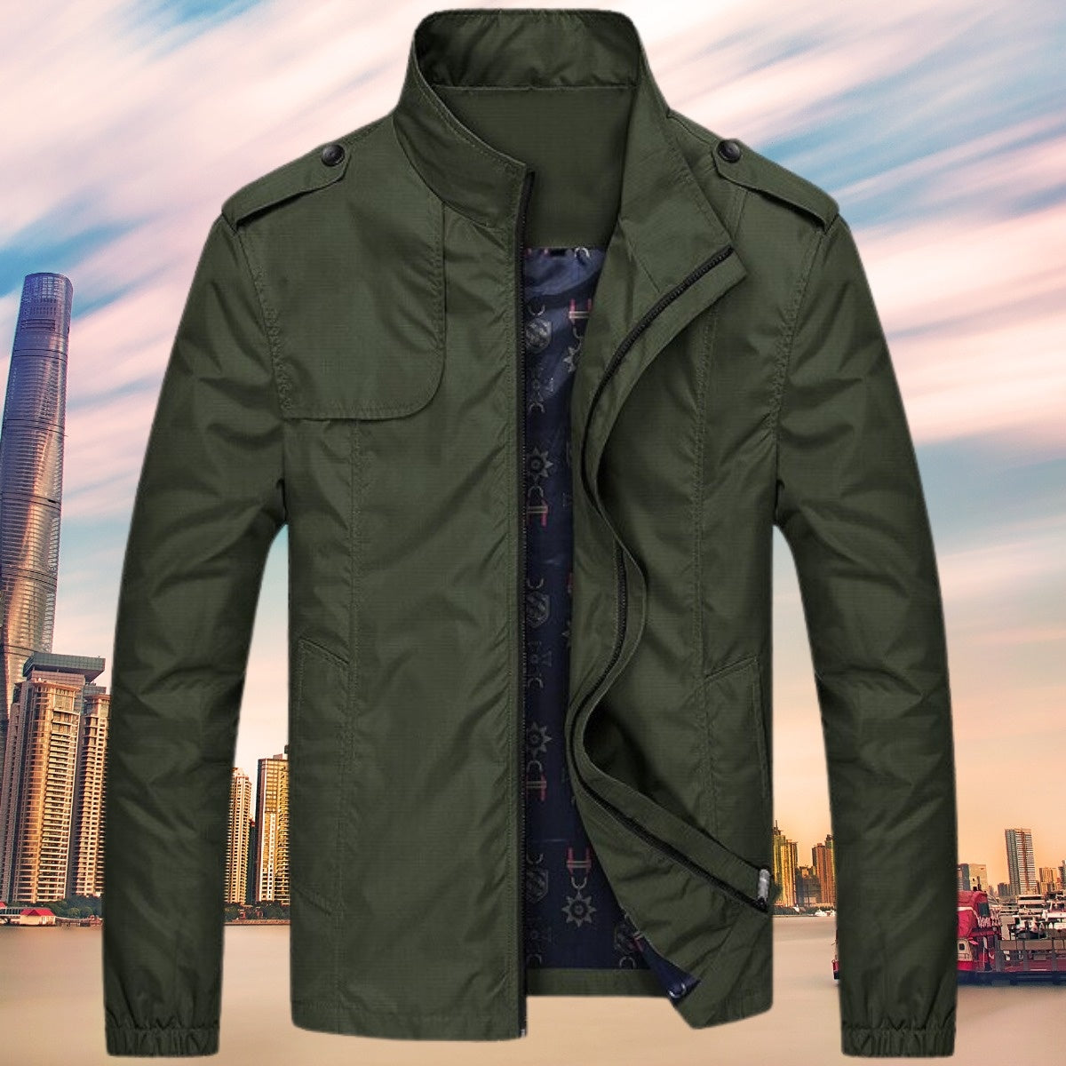 Dark green windbreaker with stand collar