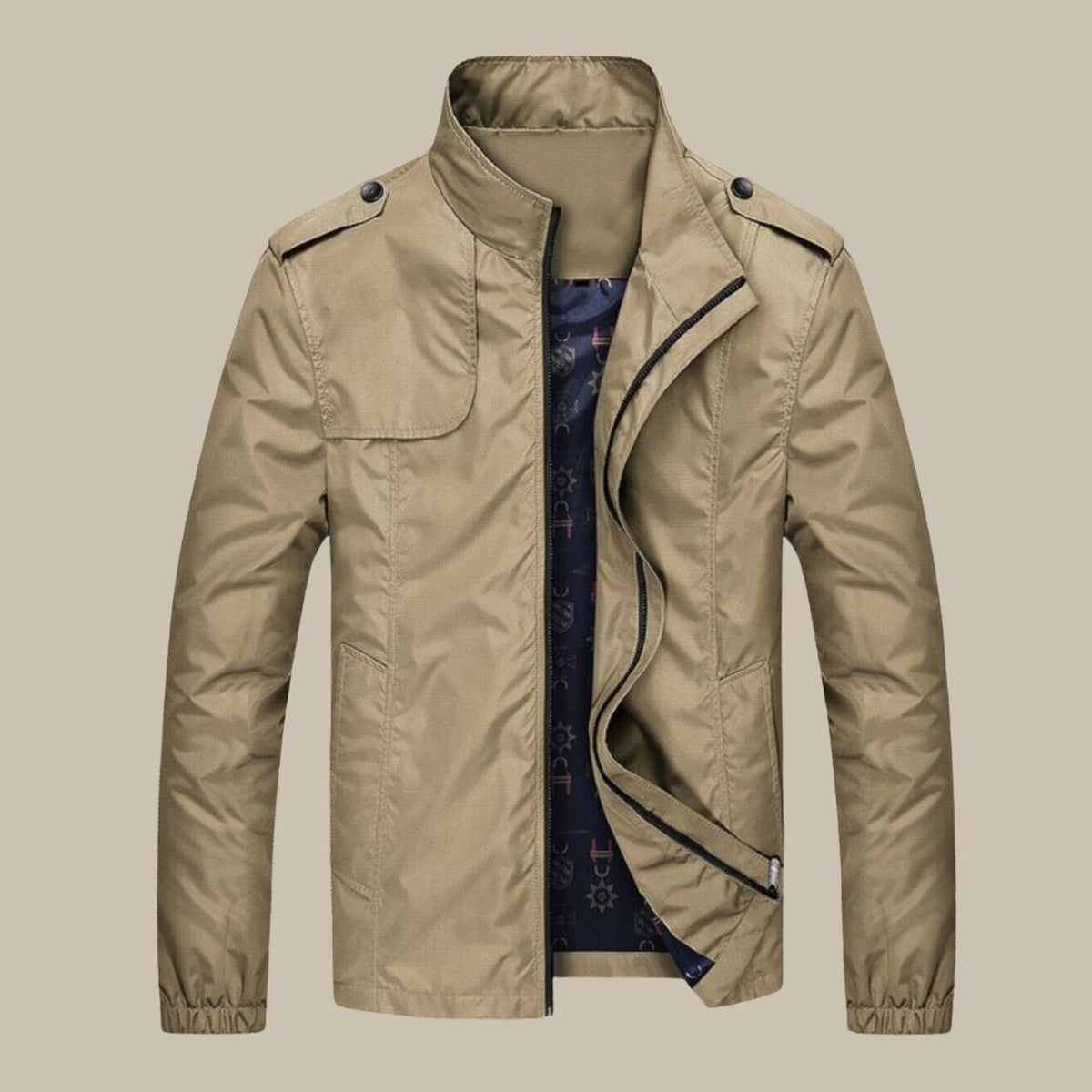 Khaki windbreaker, front view with patterned lining