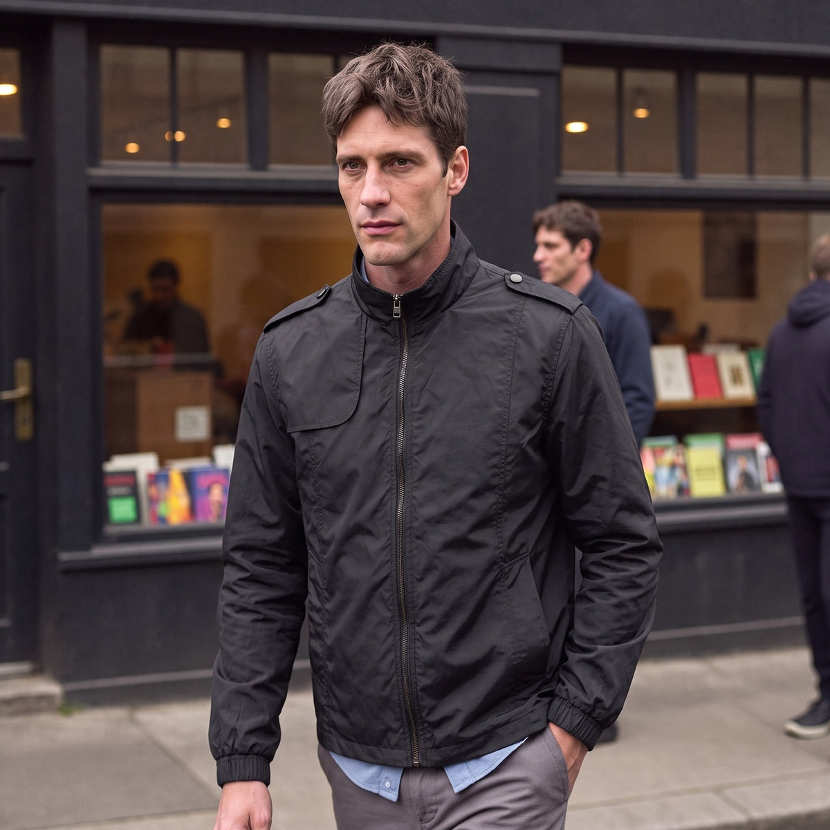 Man wearing the black windbreaker with stand collar