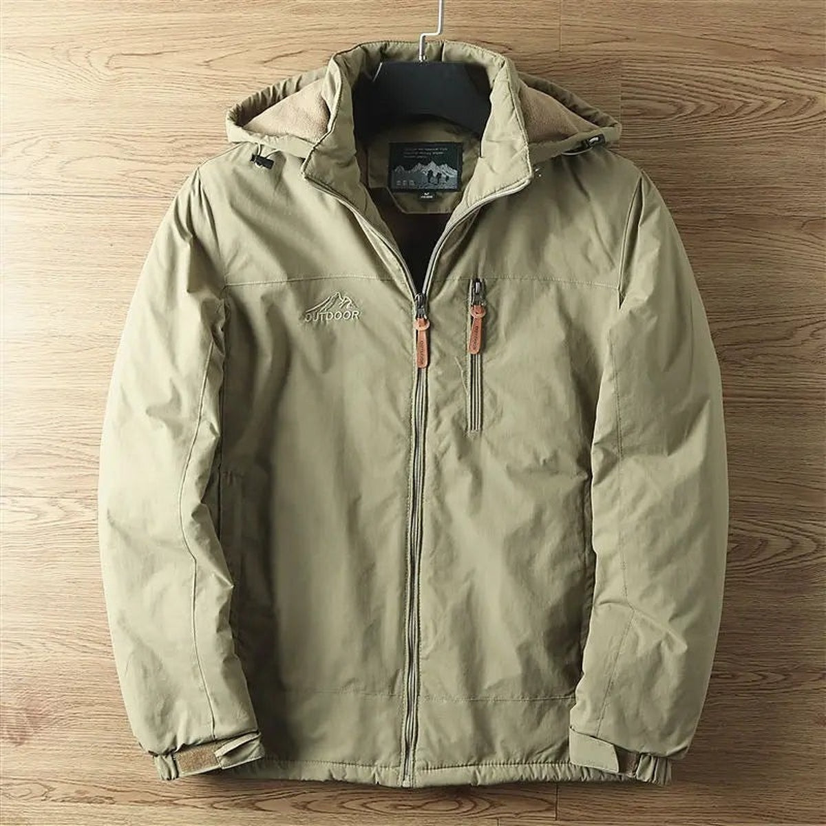 Men's khaki fleece lined winter jacket with hood, front view