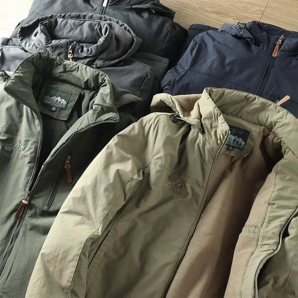 Winter jacket in all five colours, showing the fleece lining