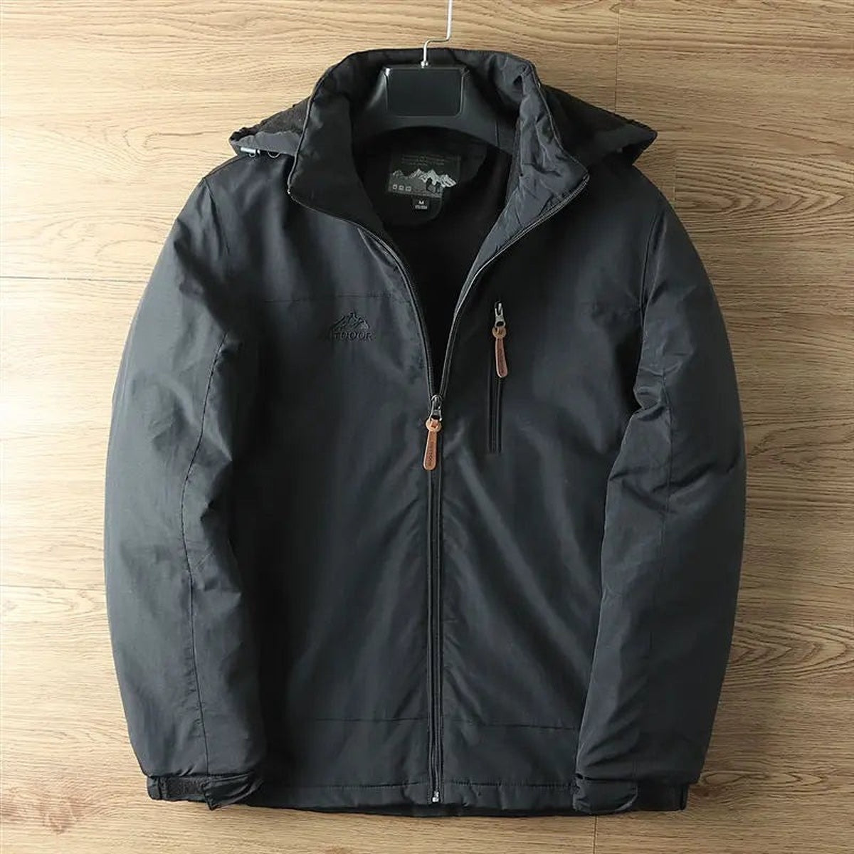 Black fleece lined winter jacket with hood