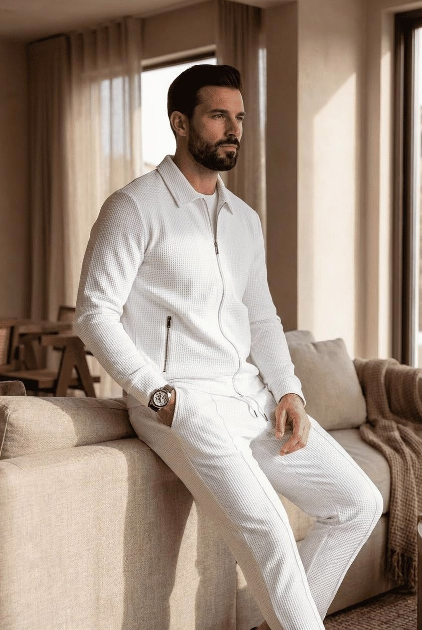 Man wearing white collared zip tracksuit jacket and pants, seated indoors | Chaps London