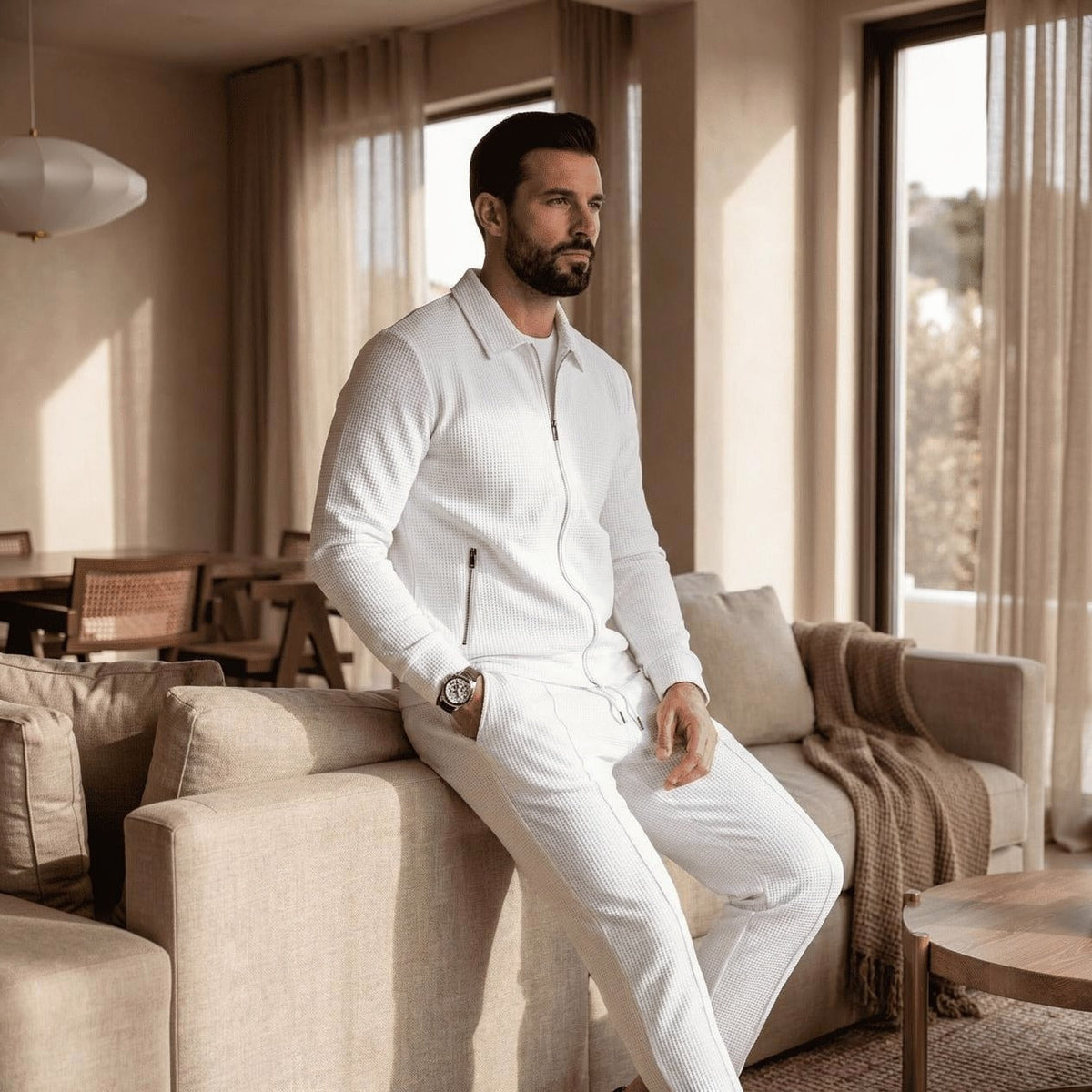 Man wearing white collared zip tracksuit jacket and pants, seated indoors | Chaps London