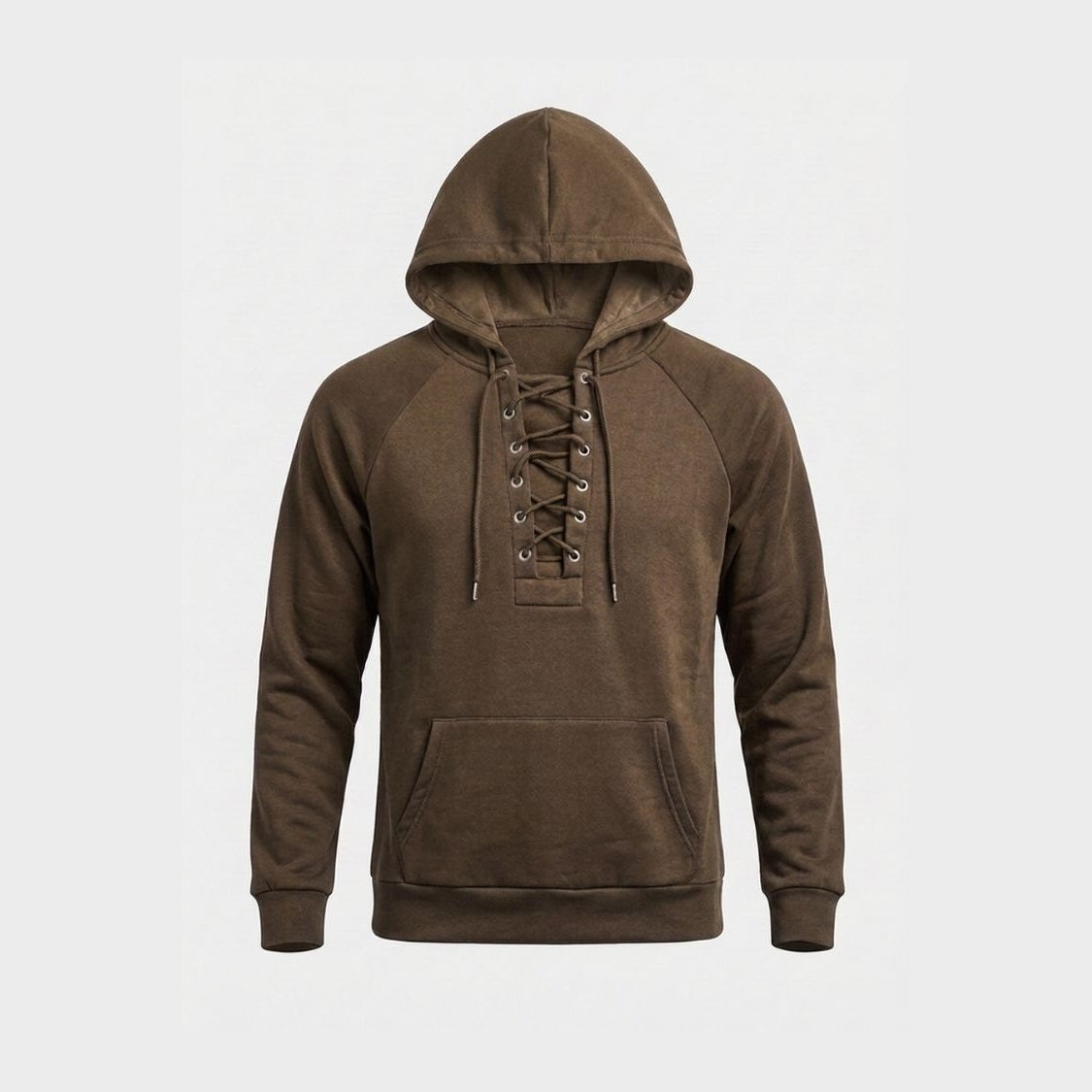 Brown lace-up hoodie with kangaroo pocket, flat lay product shot | Chaps London
