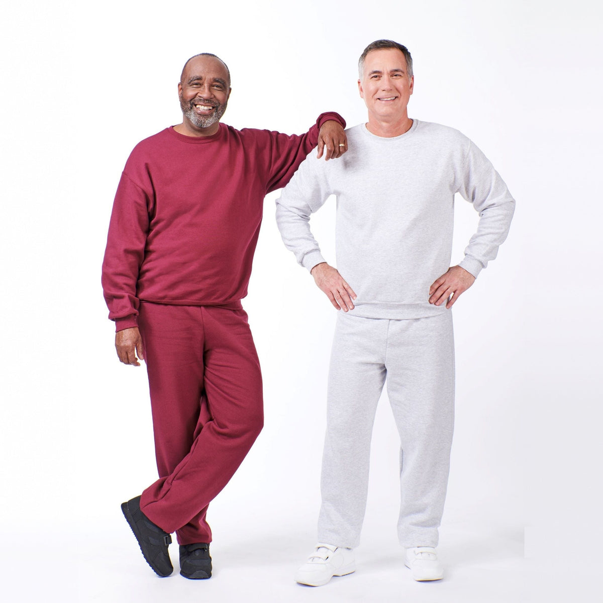 Two men wearing fleece tracksuits, one burgundy, one grey, standing | Chaps London