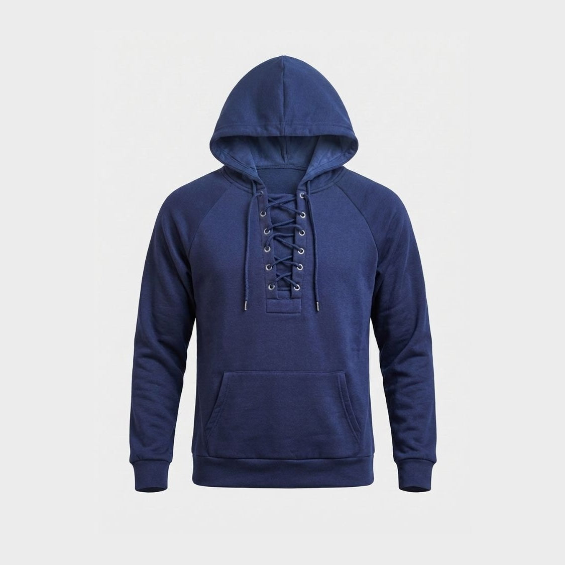 Navy blue lace-up hoodie with kangaroo pocket, shown flat on background | Chaps London