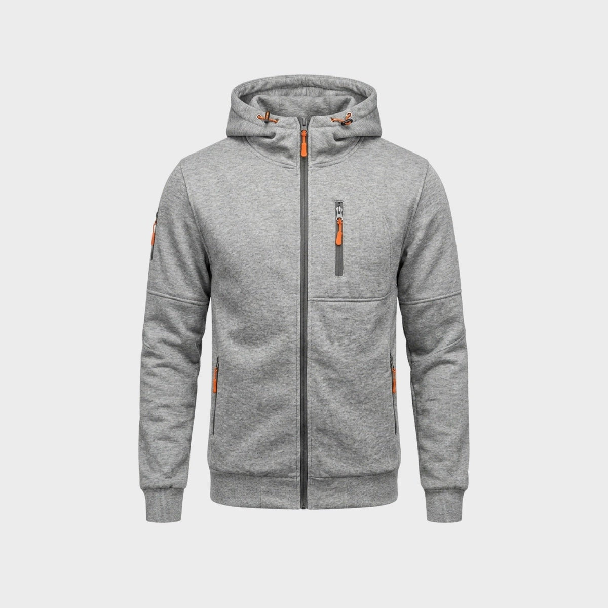 Gray zip hoodie with orange accents, chest pocket, flat lay view | Chaps London