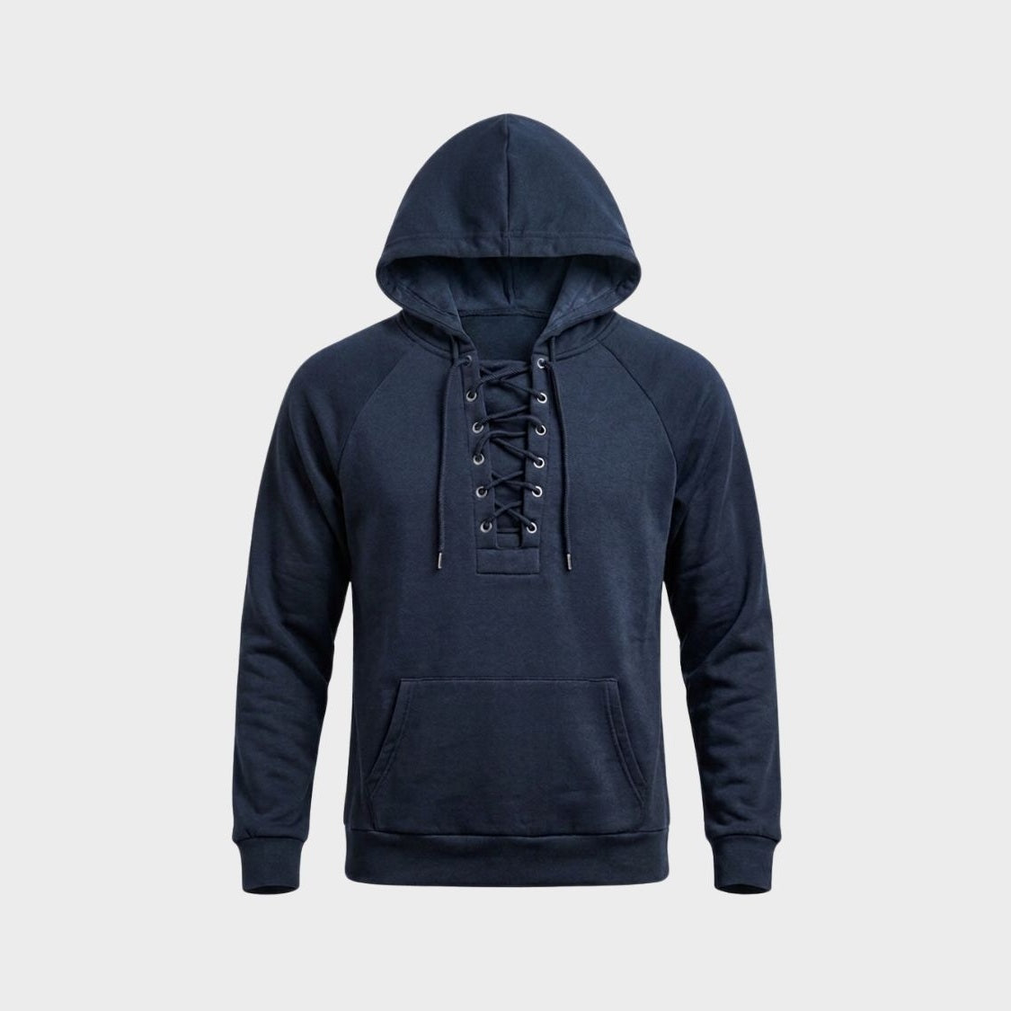 Navy lace-up hoodie with kangaroo pocket, shown flat on background | Chaps London