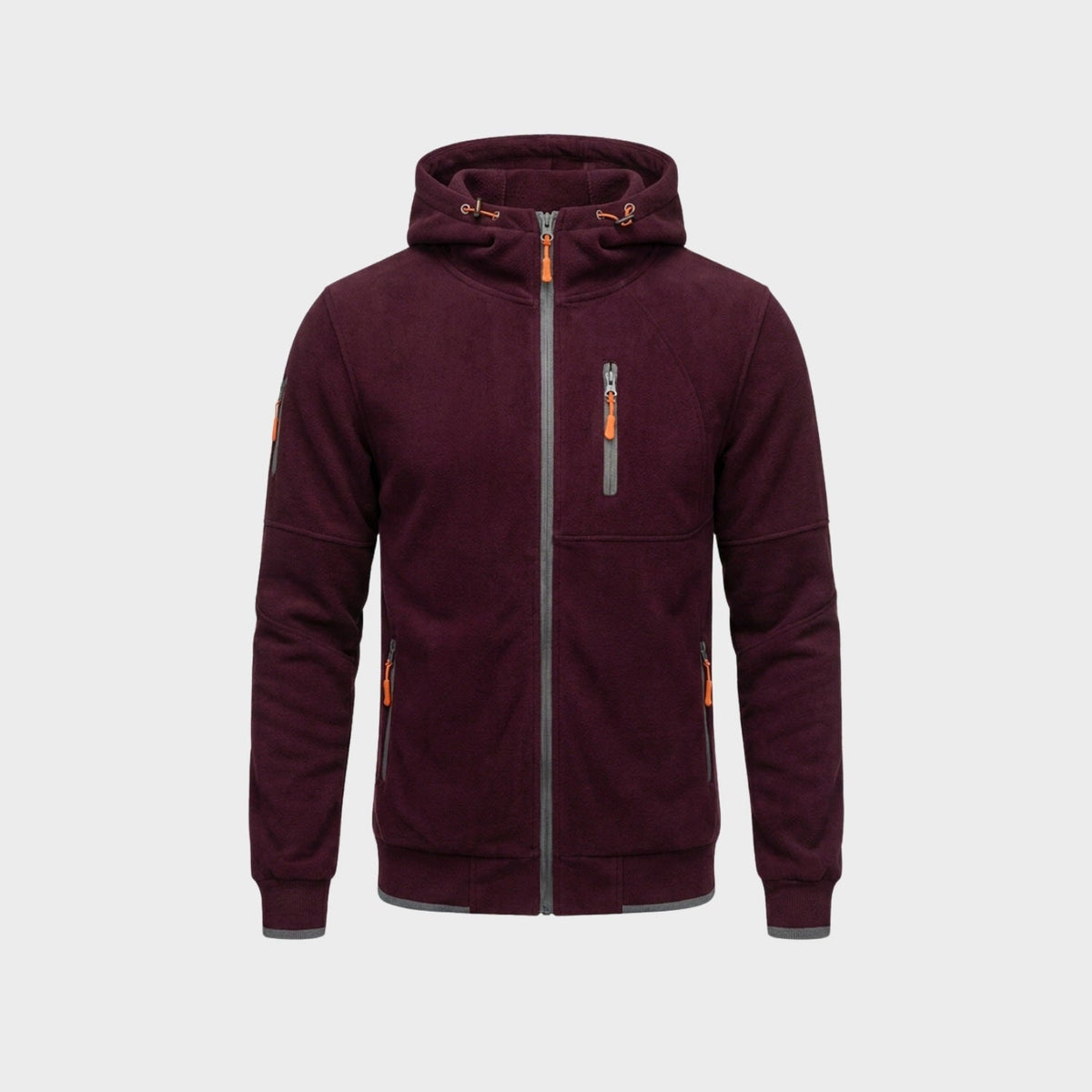 Burgundy zip hoodie with chest pocket, shown flat on background | Chaps London