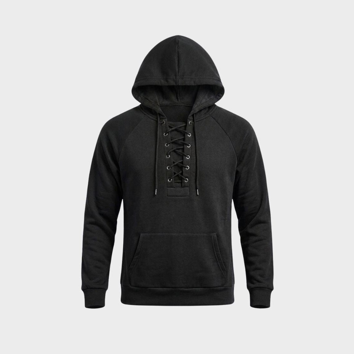 Black lace-up hoodie with kangaroo pocket, shown flat on background | Chaps London