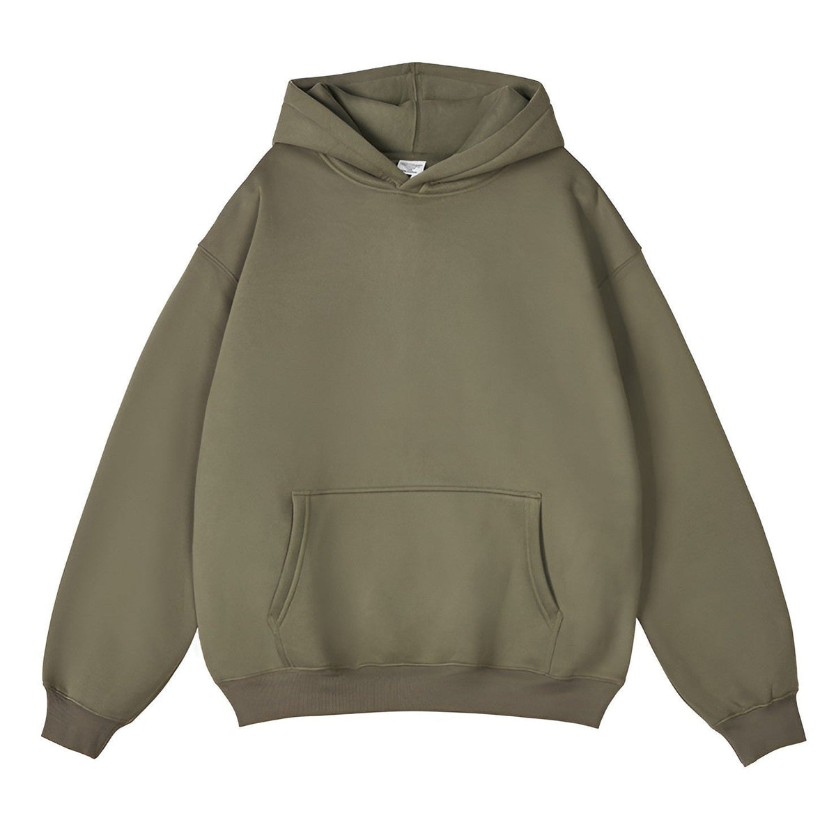 Olive green pullover hoodie with kangaroo pocket, shown flat, front view | Chaps London