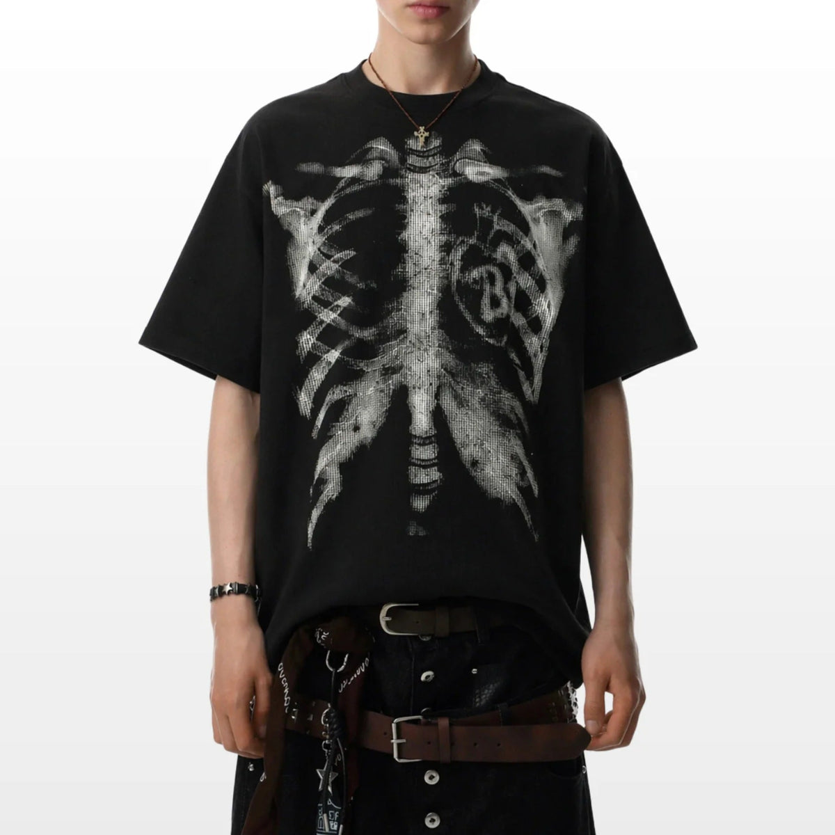 Black oversized T-shirt with skeleton rib cage graphic, worn by a person | Chaps London