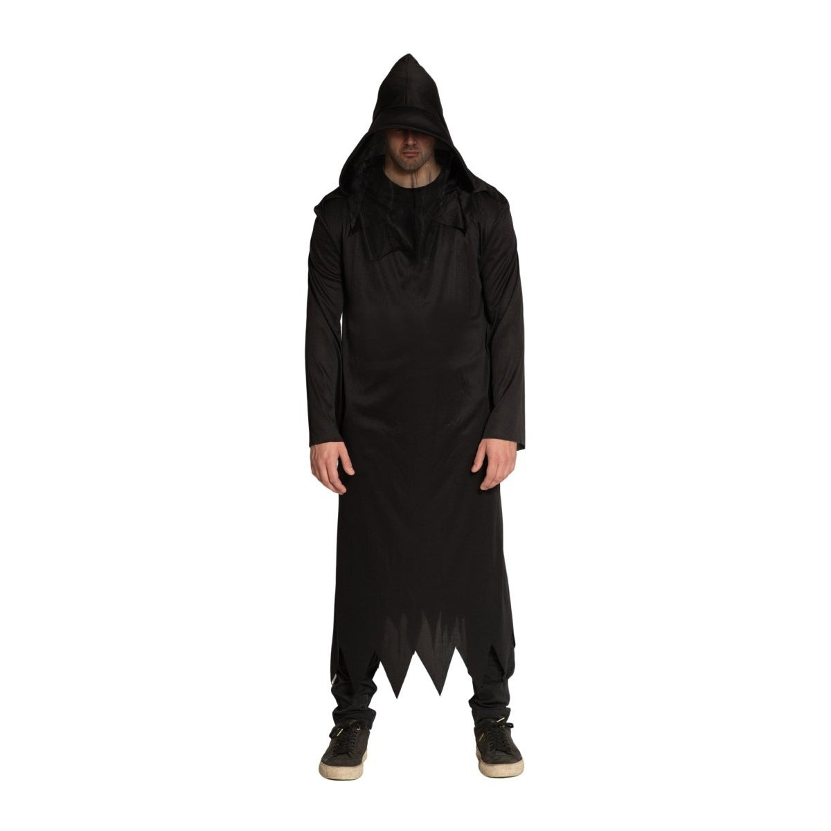 Man wearing black hooded grim reaper robe with jagged hem, full body | Chaps London