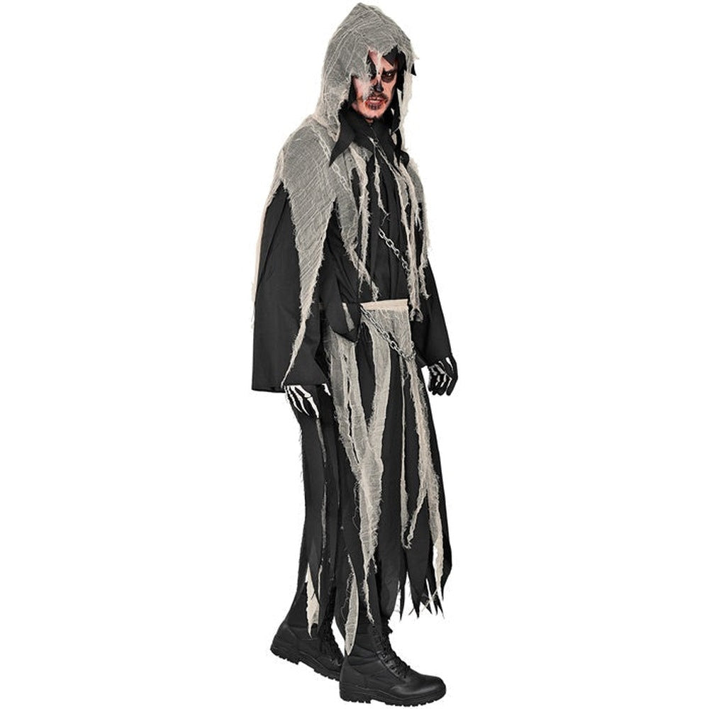 Man wearing black and gray tattered reaper costume with hood, worn on model | Chaps London