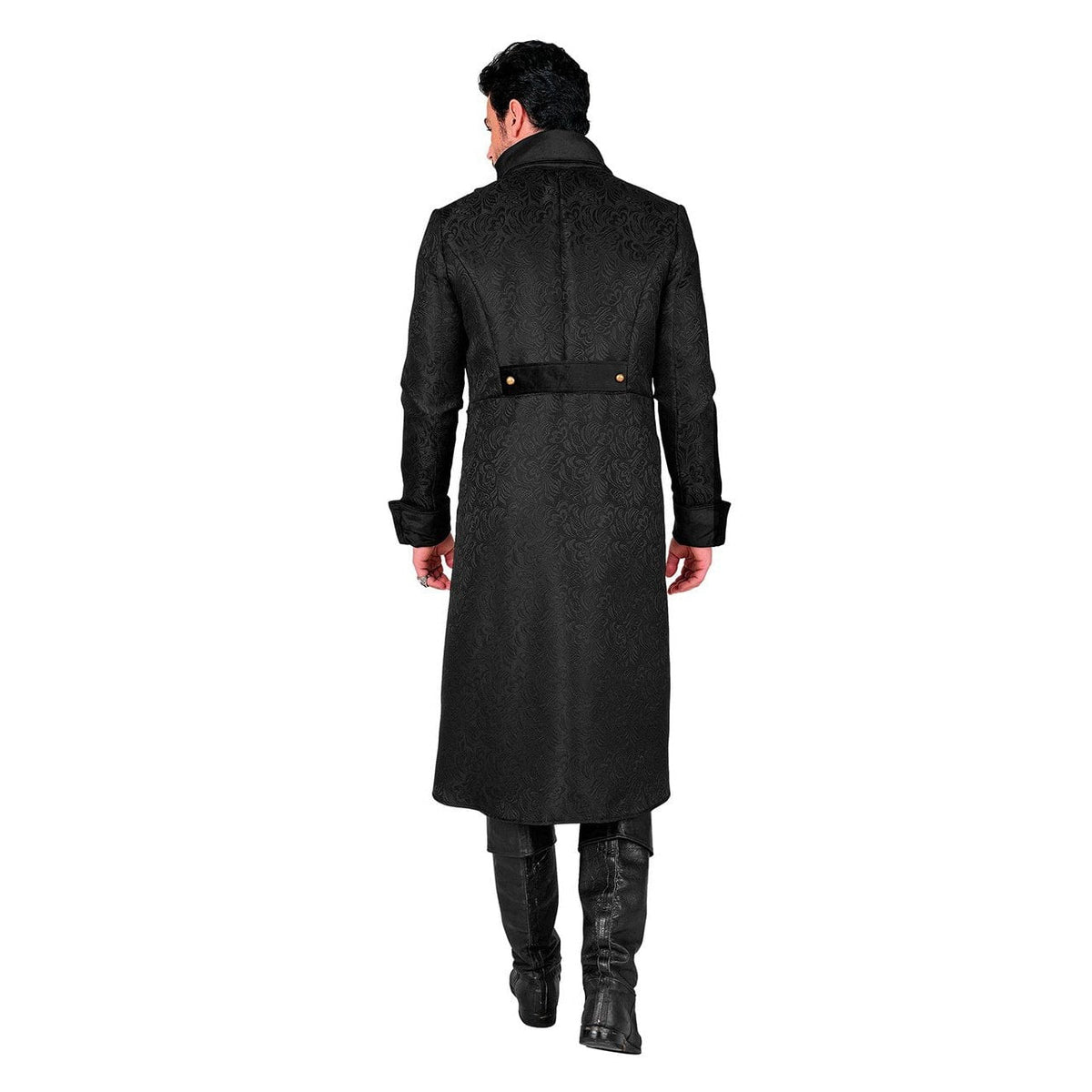 Man wearing black textured long coat with stand collar, rear view | Chaps London