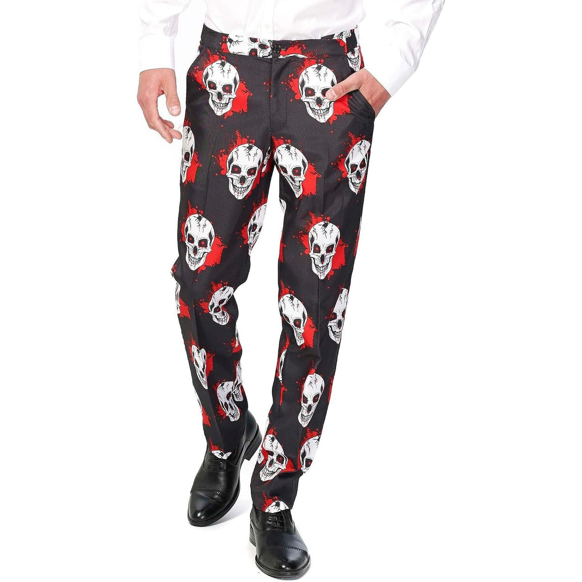 Black trousers with red and white skull print, worn by a person | Chaps London