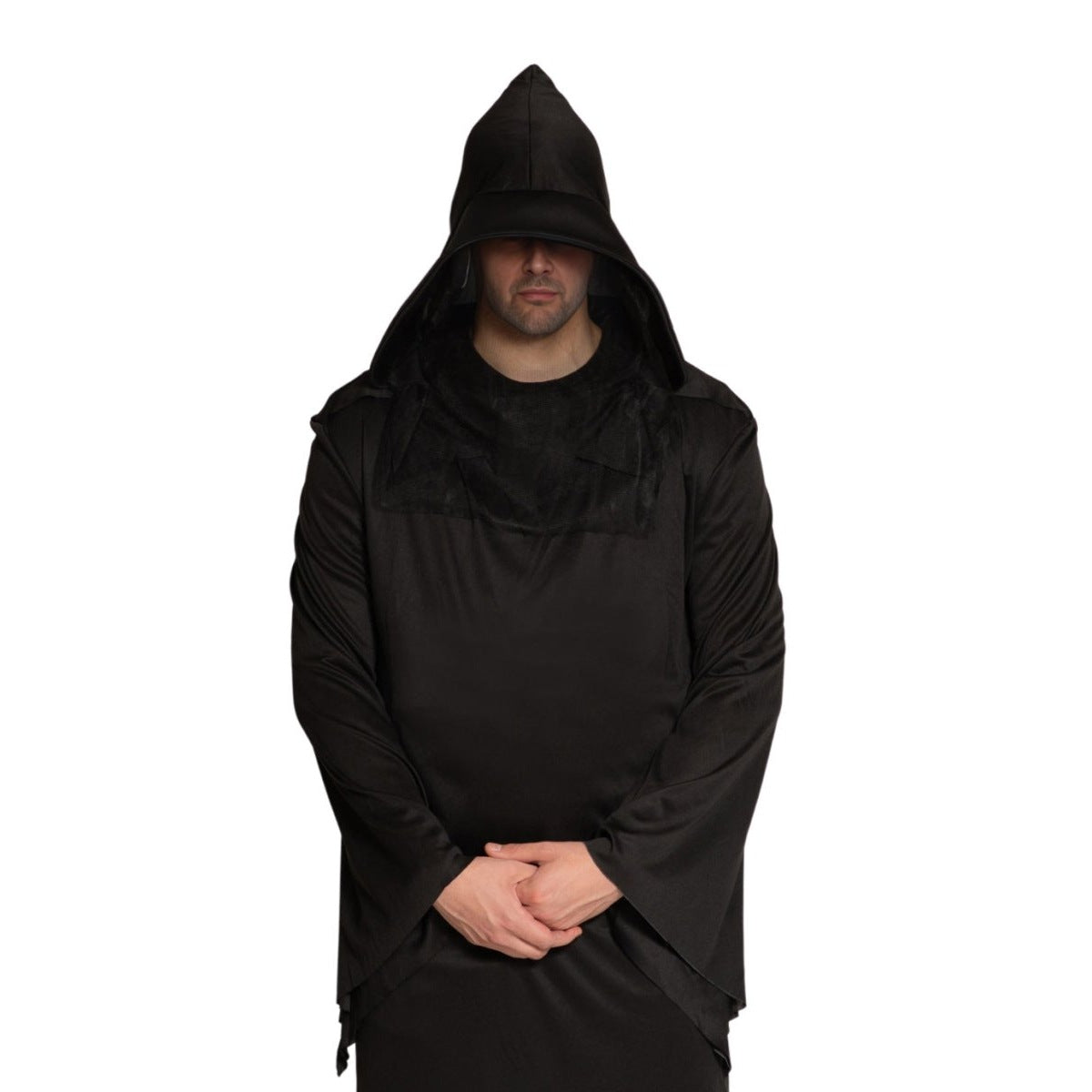 Man wearing black hooded robe costume with mesh face veil | Chaps London