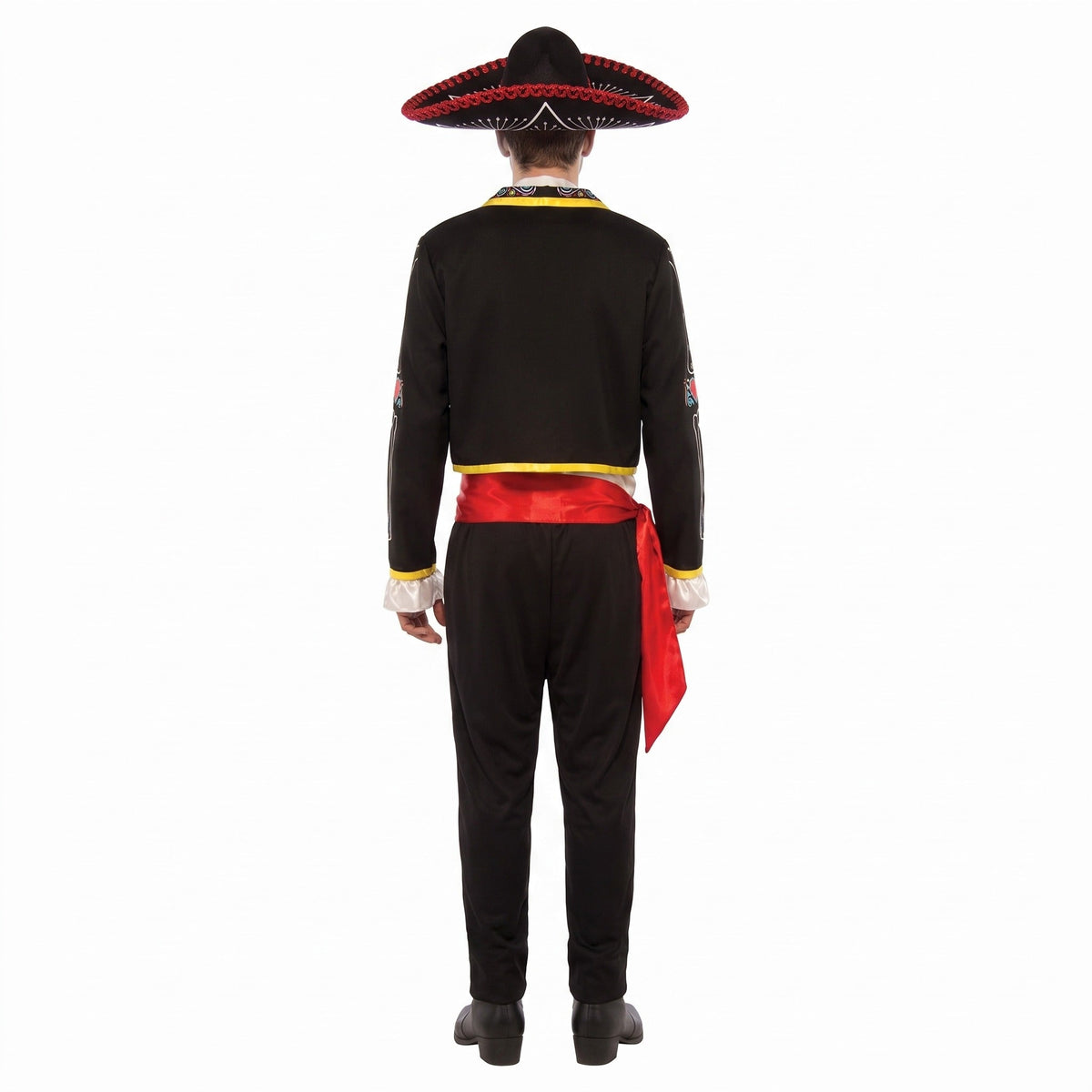 Man wearing black mariachi costume with red sash and sombrero, rear view | Chaps London
