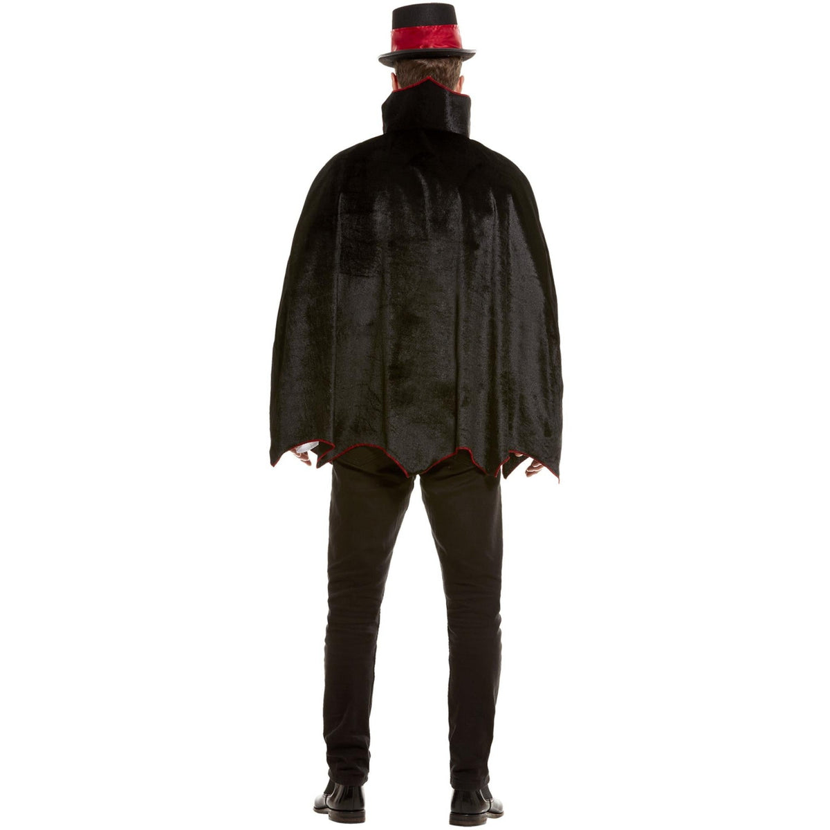 Man wearing black cape costume with red top hat, back view | Chaps London