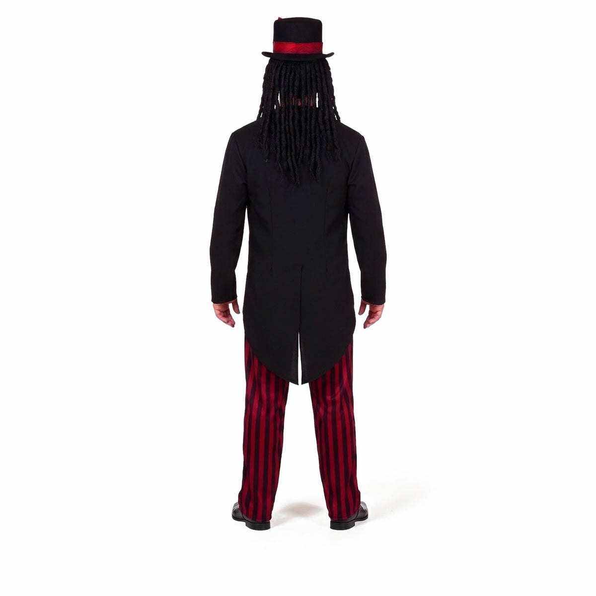 Man wearing black tailcoat, top hat, red striped trousers, rear view | Chaps London