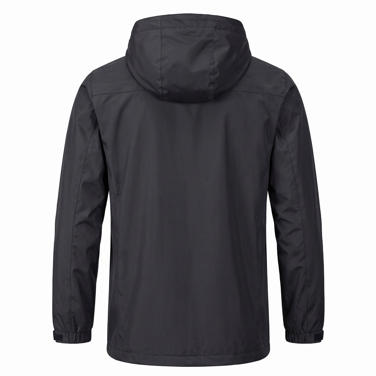 Black hooded jacket, back view, flat lay on white background | Chaps London