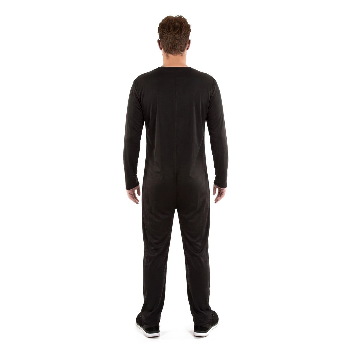 Man wearing black long sleeve jumpsuit, rear view, worn by person | Chaps London